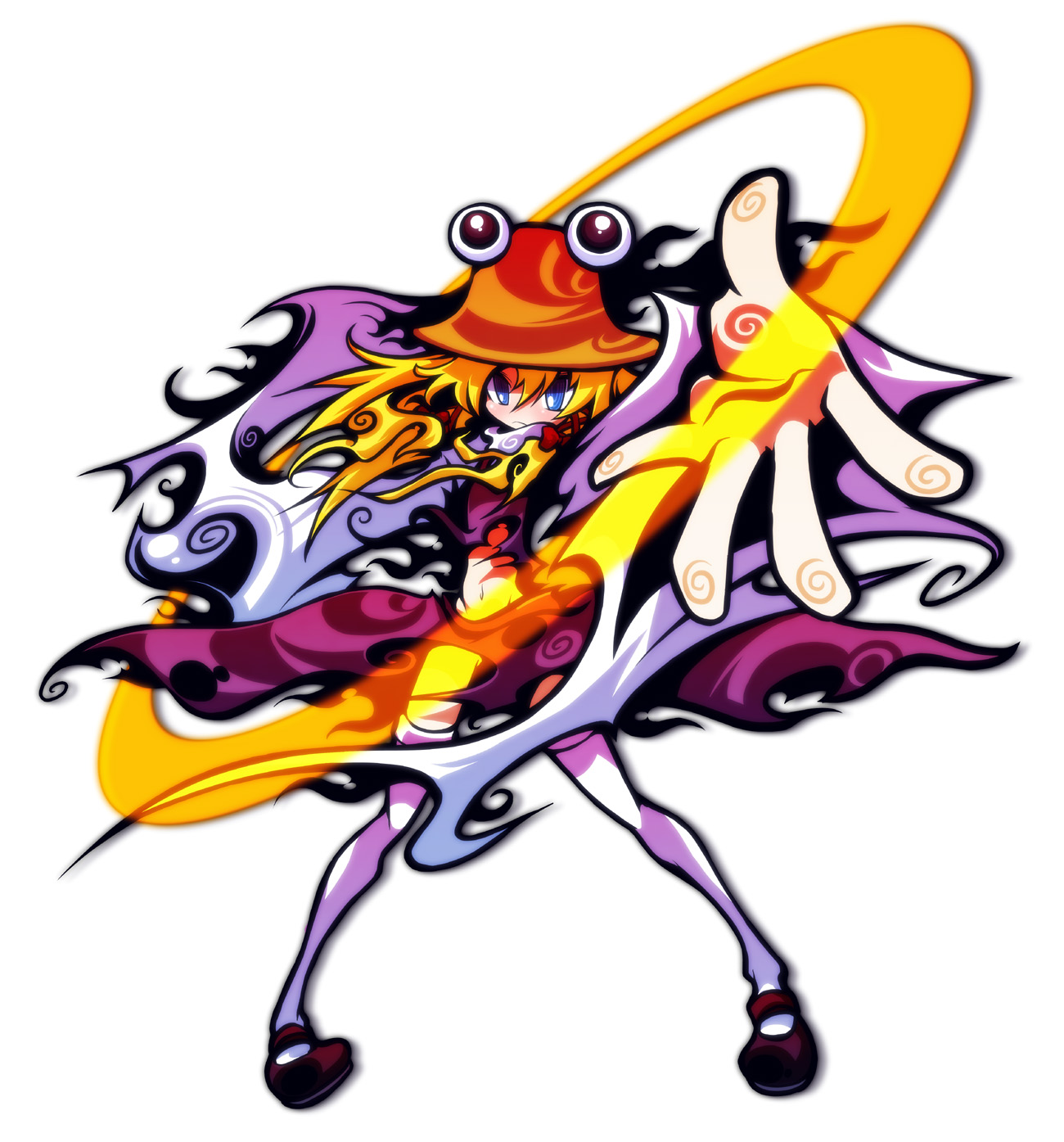 ichi (ichikai), moriya suwako, touhou, highres, 1girl, blonde hair, blue eyes, female focus, hat, moriya's iron rings, short hair, solo, thighhighs