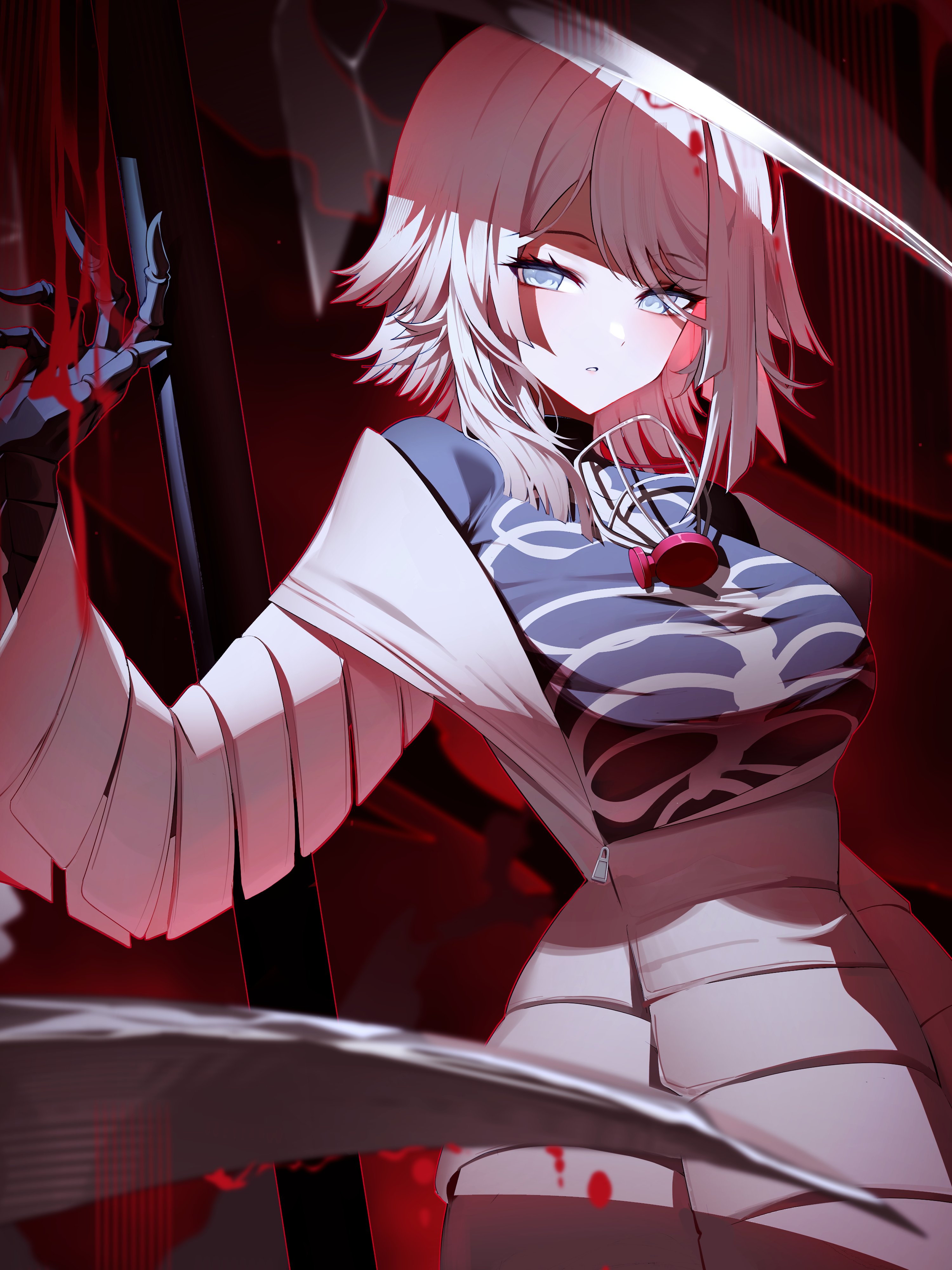 hi i dubu, faust (project moon), limbus company, project moon, absurdres, highres, 1girl, black bodysuit, black gloves, blood, blue eyes, bodysuit, breasts, coat, e.g.o (project moon), gloves, hand up, kishimen hair, large breasts, looking at viewer, mask, parted lips, respirator, short hair, solo, thoracalgia (e.g.o), white coat, white hair