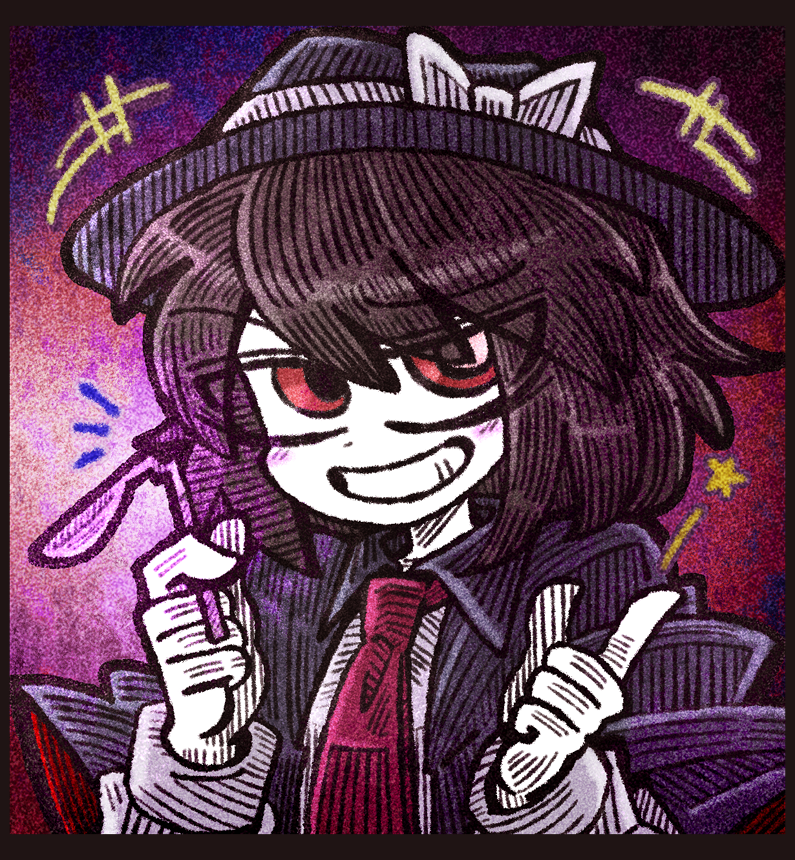 suenari (peace), usami renko, touhou, 1girl, bent spoon, black capelet, black collar, black hat, blush, blush stickers, bow, brown hair, capelet, collar, grin, hair between eyes, hat, hat bow, holding, holding spoon, long sleeves, necktie, shirt, sleeve cuffs, smile, smug, solo, spoon, white bow, white shirt