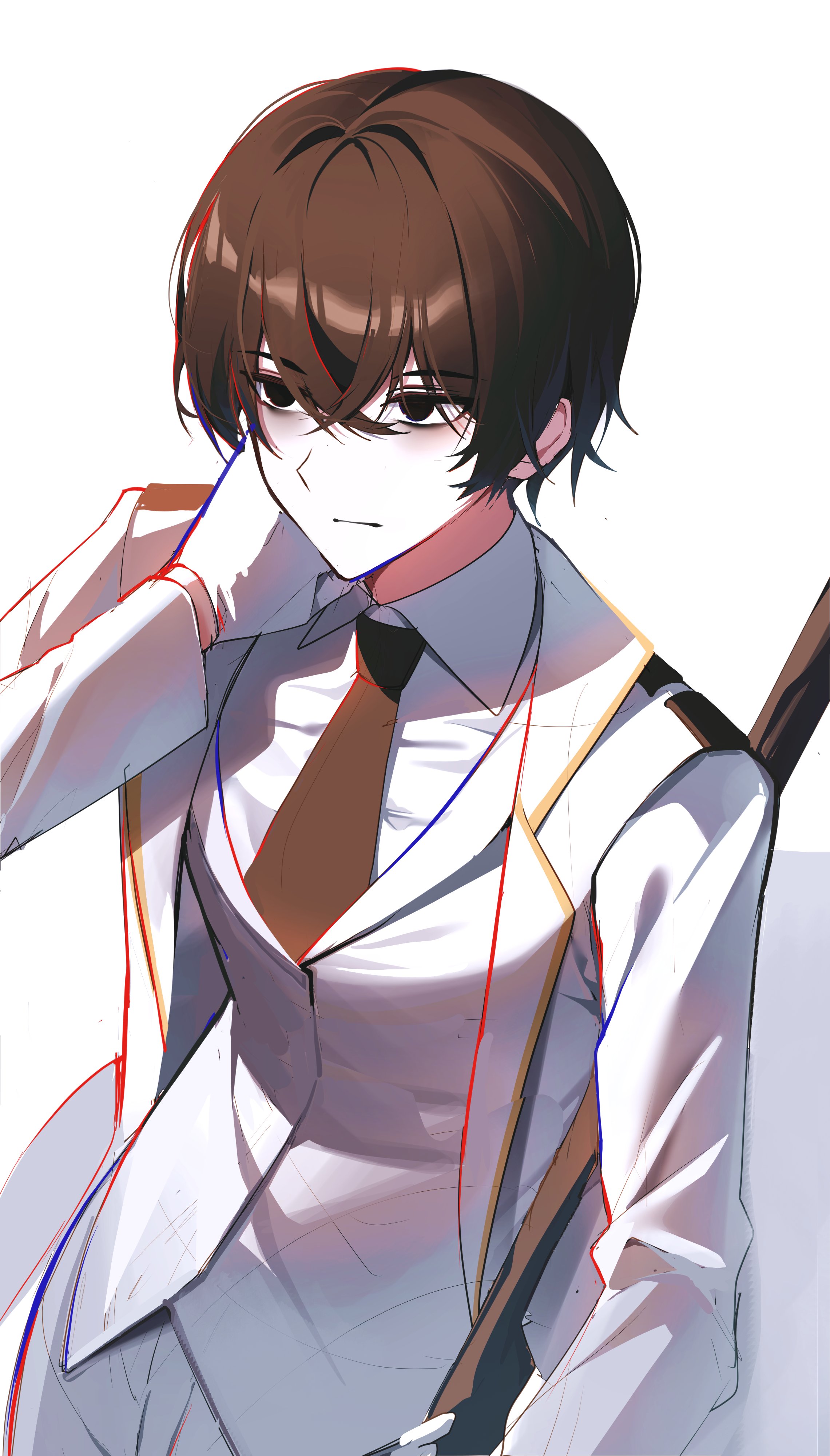 hi i dubu, yi sang (project moon), limbus company, project moon, absurdres, highres, 1boy, bags under eyes, black eyes, black hair, black necktie, collared shirt, cowboy shot, hana association south uniform, hand up, long sleeves, looking to the side, male focus, necktie, pants, shirt, simple background, solo, white background, white pants, white shirt