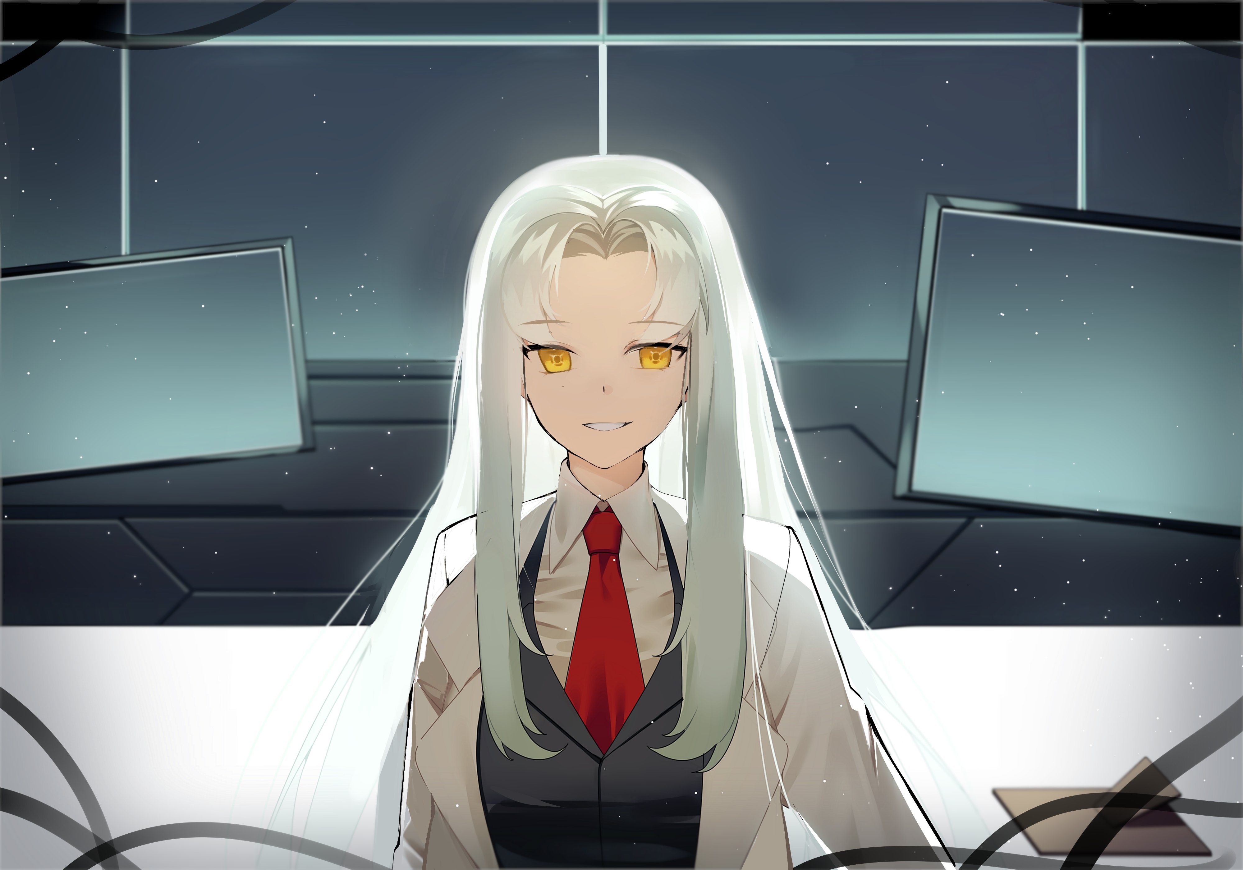 hi i dubu, angela (project moon), lobotomy corporation, project moon, absurdres, highres, 1girl, black vest, blue hair, coat, collared shirt, lab coat, lapels, light particles, long hair, monitor, notched lapels, parted bangs, parted lips, shirt, sidelocks, smile, solo, very long hair, vest, white coat, white shirt