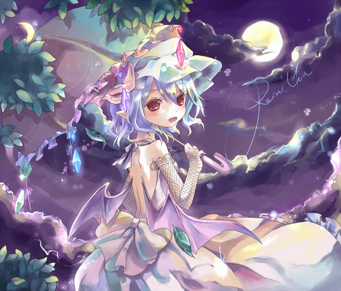 kedama milk, remilia scarlet, touhou, bad id, bad pixiv id, 1girl, bat wings, blush, cloud, dress, female focus, hat, looking back, nature, night, outdoors, plant, sky, solo, umbrella, wings
