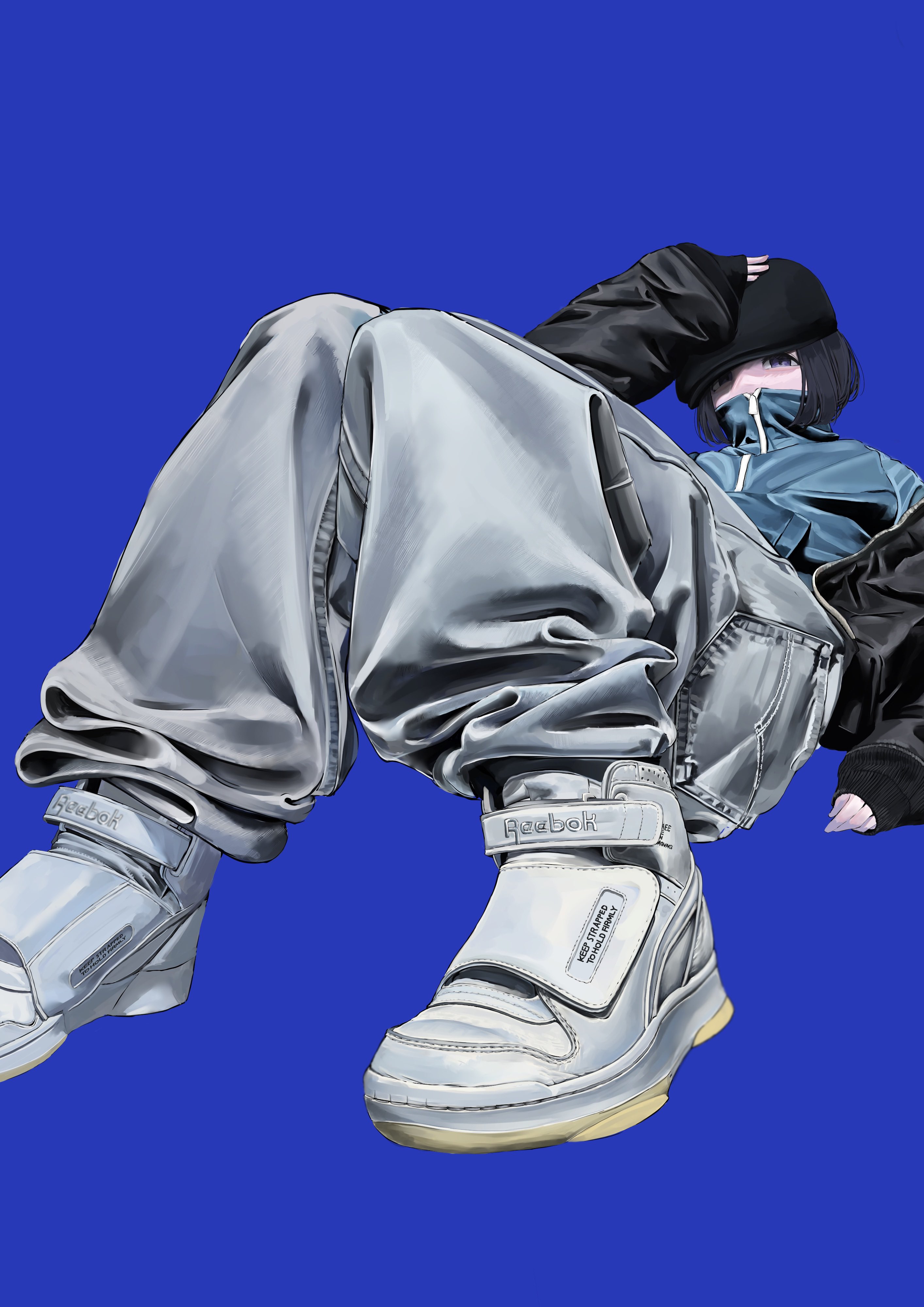 original, reebok, absurdres, commentary, highres, symbol-only commentary, 1girl, beanie, black hair, black jacket, blue background, blue jacket, covered mouth, fashion, full body, grey pants, hand on headwear, hat, jacket, k2 illustration, long sleeves, looking at viewer, lying, mask, mouth mask, pants, shoes, short hair, simple background, sleeves past wrists, sneakers, solo, streetwear, zipper, zipper pull tab