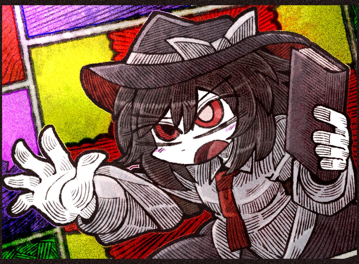 suenari (peace), usami renko, touhou, 1girl, arm garter, black arm garter, black hat, black skirt, blush, blush stickers, book, bow, brown hair, collar, hat, hat bow, holding, holding book, long sleeves, necktie, open mouth, red eyes, shirt, skirt, sleeve cuffs, solo, white collar, white shirt
