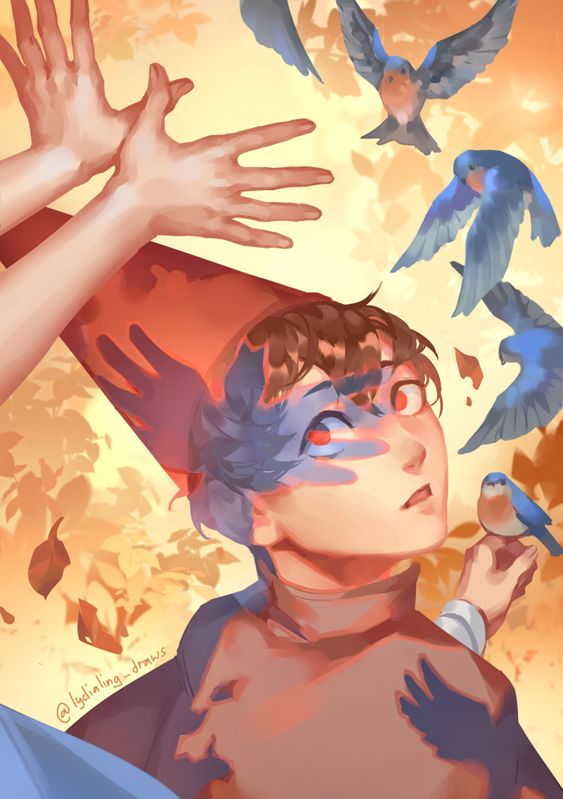 lydia ling, wirt (over the garden wall), over the garden wall, commentary, english commentary, 1boy, bird, brown hair, conical hat, hat, looking back, looking up, male focus, nose, open mouth, out of frame, red eyes, red hat, shadow, short hair, solo focus, yellow background