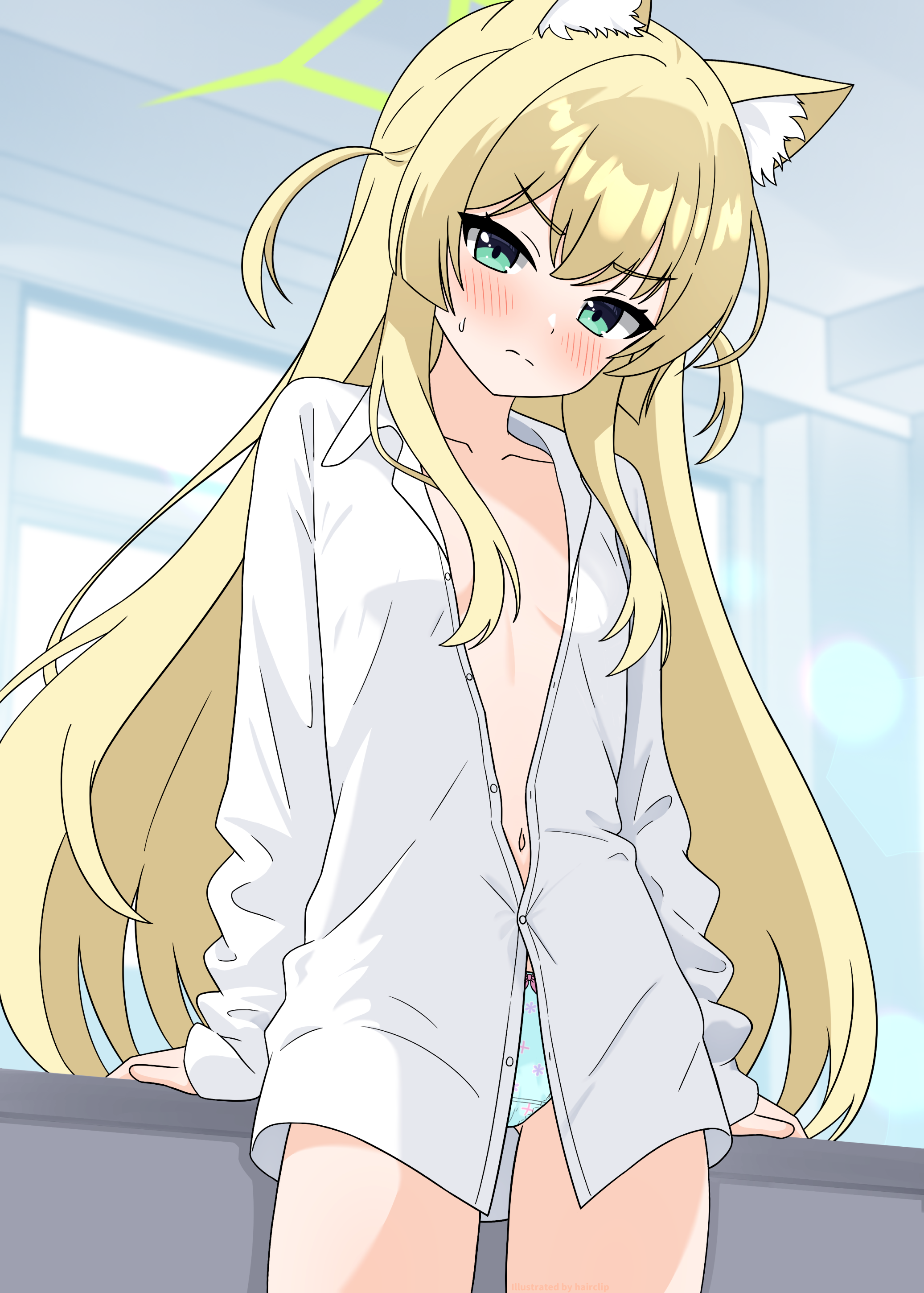 hairclip (user rasc5457), kurumi (blue archive), blue archive, absurdres, commentary, highres, 1girl, alternate costume, animal ear fluff, animal ears, aqua panties, arms at sides, blonde hair, blurry, blurry background, blush, bow, bow panties, breasts, breasts apart, closed mouth, collarbone, collared shirt, cowboy shot, dress shirt, fingerless gloves, fox ears, front-print panties, frown, gloves, green eyes, green halo, hair between eyes, halo, indoors, long hair, looking at viewer, no bra, open clothes, open shirt, oversized clothes, oversized shirt, panties, partially unbuttoned, pink bow, print panties, shirt, sidelocks, sleeves past wrists, small breasts, solo, split mouth, straight hair, sweatdrop, triangle halo, tsurime, two side up, underwear, v-shaped eyebrows, very long hair, white shirt