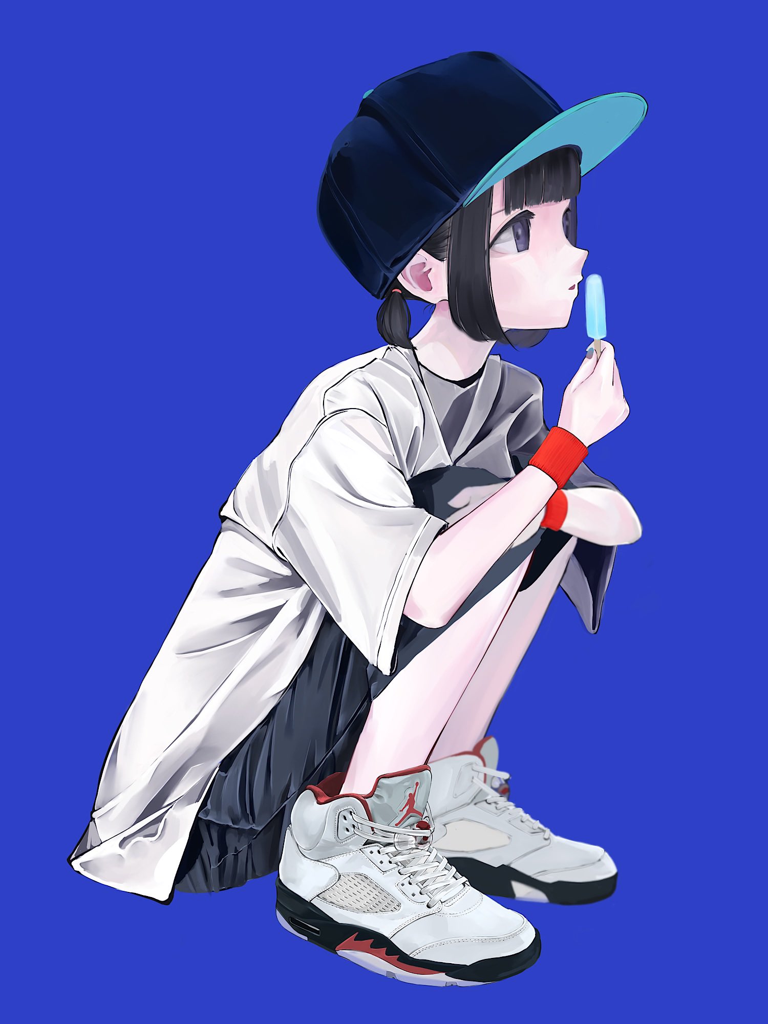 air jordan, nike (company), original, commentary, highres, symbol-only commentary, 1girl, baseball cap, black eyes, black hair, black skirt, blue background, blunt bangs, food, from side, full body, hat, holding, holding food, holding popsicle, k2 illustration, parted lips, ponytail, popsicle, shirt, shoes, short hair, short ponytail, short sleeves, short twintails, shorts, sidelocks, simple background, skirt, sneakers, solo, squatting, sweatband, twintails, white shirt, wristband