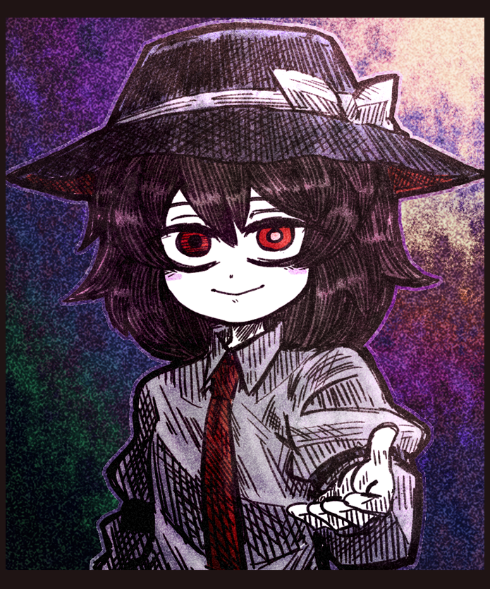 suenari (peace), usami renko, touhou, 1girl, :>, arm garter, black arm garter, black hat, blush, blush stickers, bow, collar, false smile, hair between eyes, hat, hat bow, necktie, reaching, reaching towards viewer, red eyes, shirt, short hair, smile, solo, white bow, white collar, white shirt