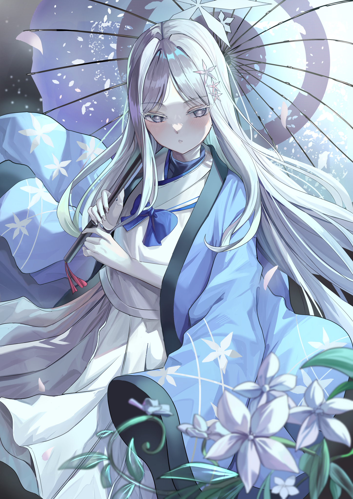 suidou chaahan, nagusa (blue archive), blue archive, commentary, highres, 1girl, backlighting, blue bow, blue bowtie, blue haori, blurry, blush, bow, bowtie, bright pupils, colored eyelashes, depth of field, eyes visible through hair, falling petals, feet out of frame, fingernails, floating hair, flower, grey eyes, grey hair, hair ornament, halo, hands up, haori, haori on shoulders, holding, holding umbrella, japanese clothes, leaf, long hair, long skirt, looking at viewer, open mouth, parted bangs, petals, pleated skirt, sailor collar, school uniform, serafuku, shirt, skirt, snowflake hair ornament, snowflake halo, solo, standing, straight hair, tsurime, umbrella, very long hair, white eyelashes, white flower, white halo, white pupils, white sailor collar, white serafuku, white shirt, white skirt