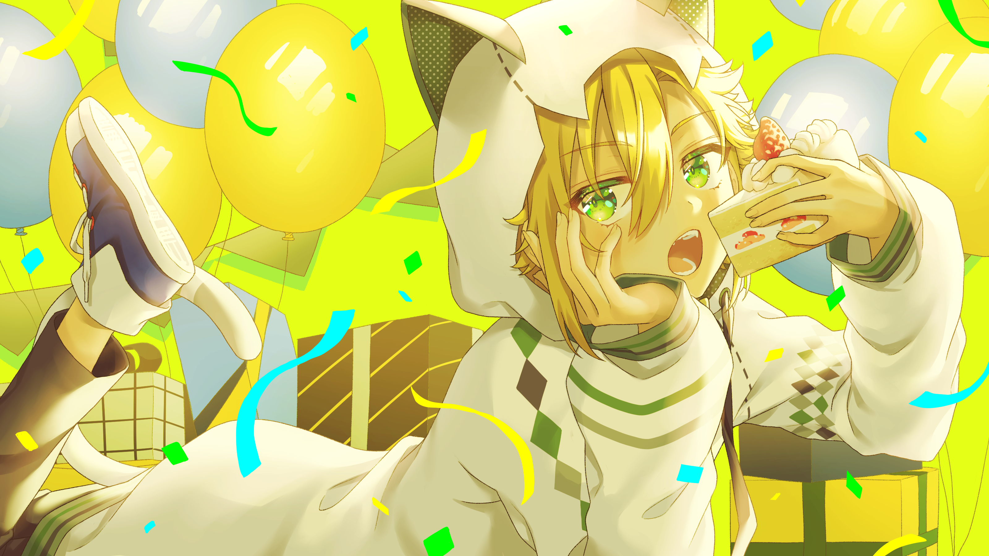 hina (hinalovesugita), uzuki kou, uzuki kou (2nd costume), nijisanji, absurdres, highres, 1boy, animal ears, animal hood, balloon, blonde hair, blue shoes, box, cake, cat ears, cat hood, cat tail, confetti, drawstring, eating, elbow rest, fake animal ears, fake tail, flipped hair, food, from side, gift, gift box, green background, green eyes, green hoodie, grey pants, hair between eyes, hand on own cheek, hand on own face, head rest, holding, holding cake, holding food, hood, hood up, hoodie, long sleeves, looking at viewer, lying, male focus, no socks, on stomach, open mouth, pants, polka dot, polka dot hoodie, shoes, short hair, sidelocks, sneakers, solo, strawberry shortcake, tail, the pose, two-sided fabric, virtual youtuber, white hoodie