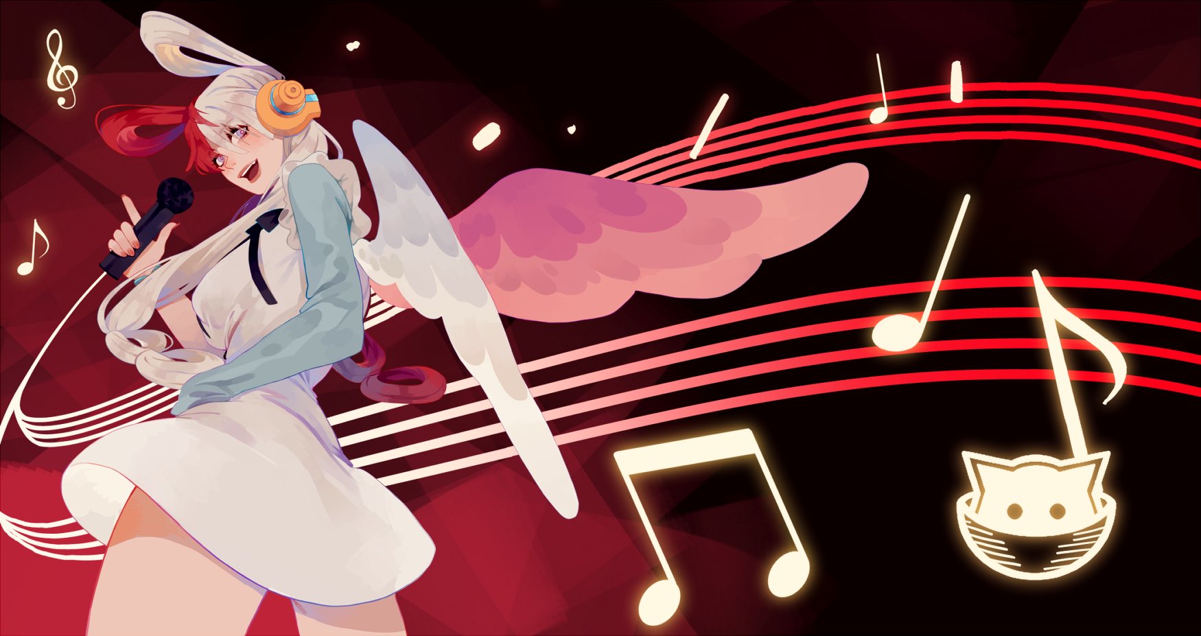 vonnabeee, uta (one piece), one piece, one piece film: red, commentary, english commentary, highres, 1girl, dress, headphones, holding, holding microphone, looking back, microphone, multicolored hair, musical note, musical staff, open mouth, pink wings, purple eyes, red hair, smile, solo, twintails, two-tone hair, two-tone wings, white dress, white hair, white wings, wings