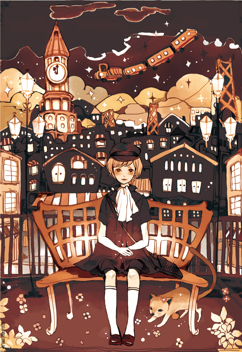 nogaru wako, 1girl, blonde hair, blush, cat, cityscape, clock, clock tower, dress, female focus, flower, hat, night, short hair, socks, solo, tower