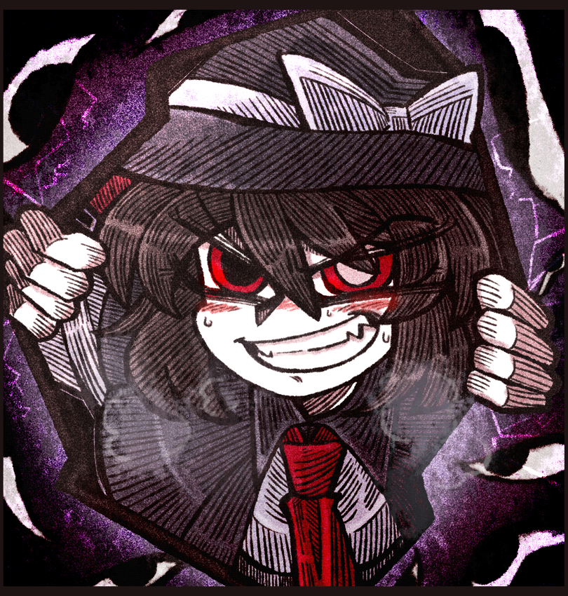 suenari (peace), usami renko, touhou, 1girl, black capelet, black hat, blush, blush stickers, bow, brown hair, capelet, clenched teeth, disembodied eye, gap (touhou), grin, hair between eyes, hat, hat bow, heavy breathing, long sleeves, necktie, red eyes, shirt, smile, solo, sweat, teeth, white bow, white shirt