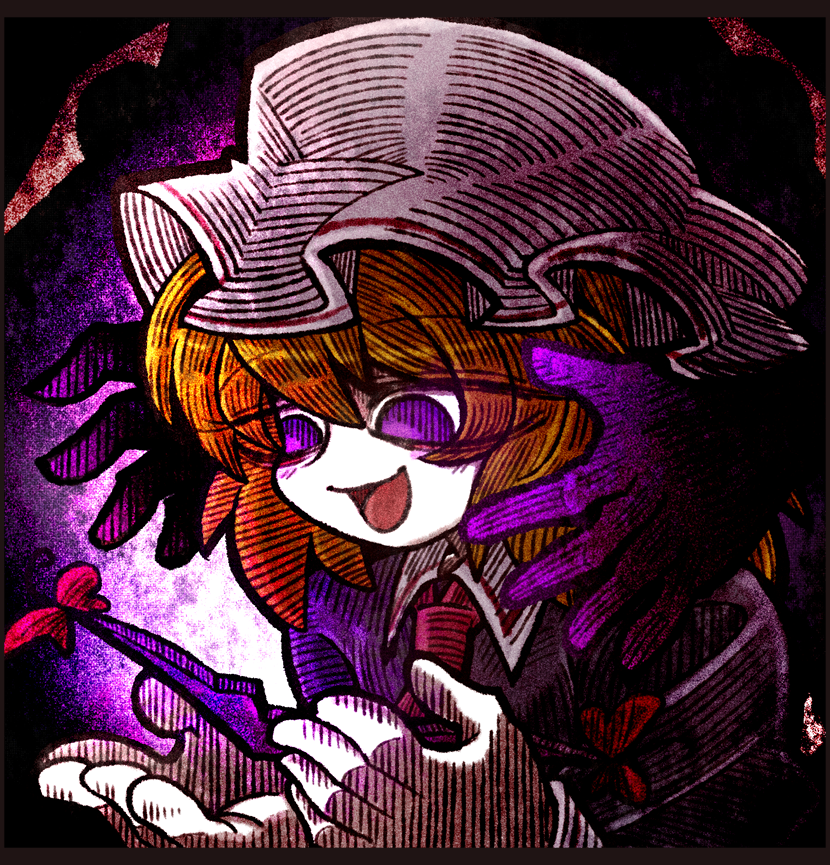 suenari (peace), maribel hearn, touhou, 1girl, :d, ascot, blonde hair, blush, blush stickers, collar, dress, hat, long dress, mob cap, open mouth, pink ascot, purple dress, purple eyes, short hair, smile, solo, white collar, white hat