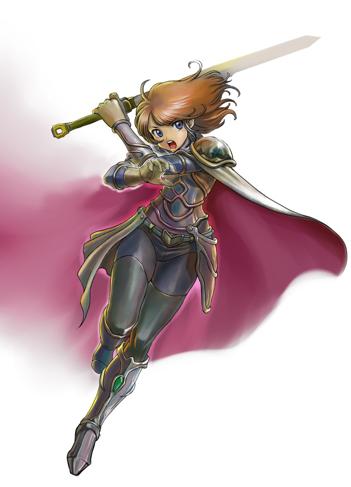 pirorin, 1girl, armor, belt, black pantyhose, blue eyes, boots, brown hair, cape, charging forward, faulds, female focus, full body, holding, holding sword, holding weapon, open mouth, pantyhose, pauldrons, shoulder armor, shoulder pads, simple background, single vambrace, solo, swept bangs, sword, vambraces, waist cape, weapon, white background