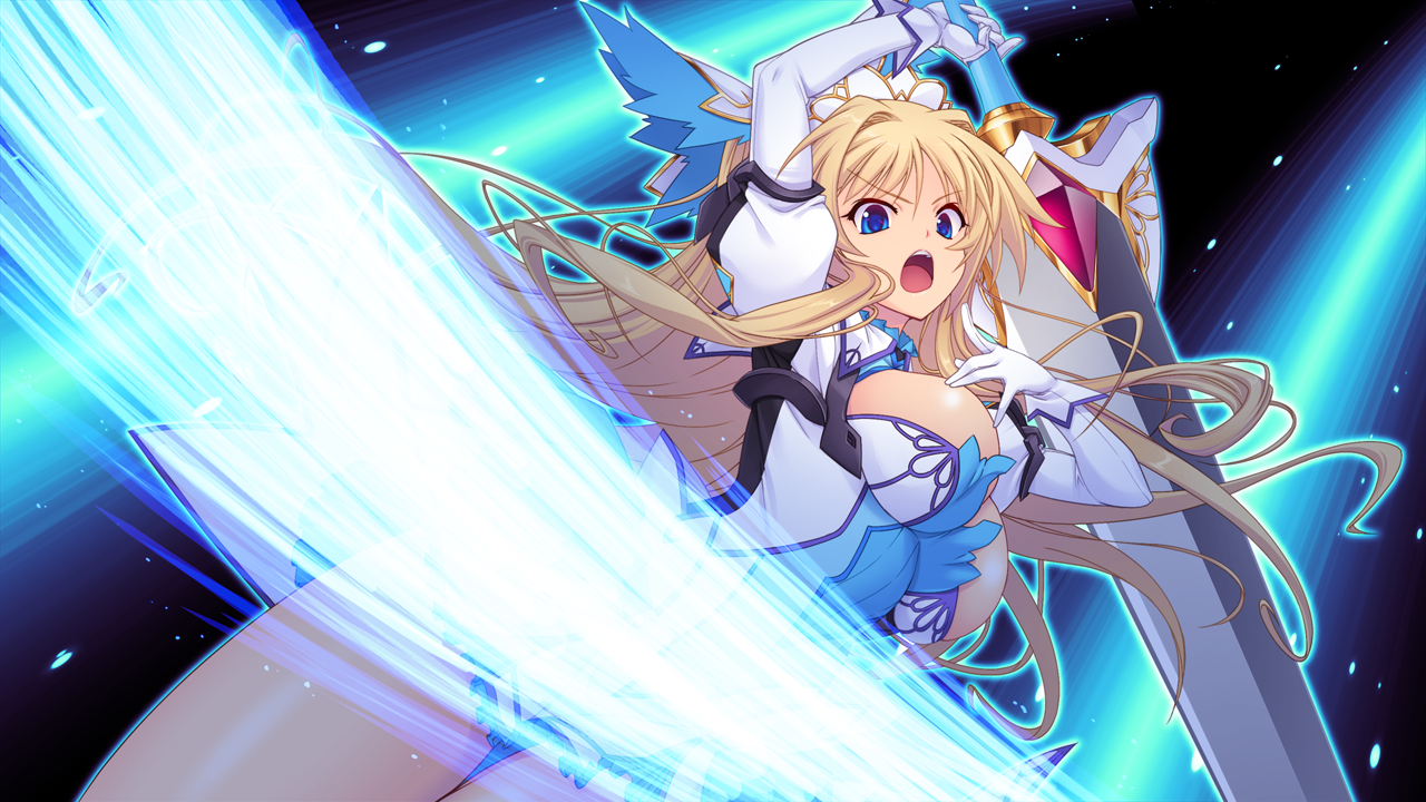 saitou natsuki, suhamaya, erika la etienne, kourin tenshi en ciel rena, game cg, large variant set, non-web source, official art, variant set, 1girl, :o, arm up, armor, blonde hair, blue eyes, breasts, cleavage, cleavage cutout, clothing cutout, cowboy shot, dress, dutch angle, elbow gloves, floating hair, frills, gloves, hair between eyes, hair intakes, hair ornament, holding, holding sword, holding weapon, huge weapon, juliet sleeves, large breasts, long hair, long sleeves, looking at viewer, magical girl, miniskirt, open mouth, puffy sleeves, short dress, sidelocks, skirt, solo, standing, sword, thighs, v-shaped eyebrows, very long hair, weapon, white dress, white gloves