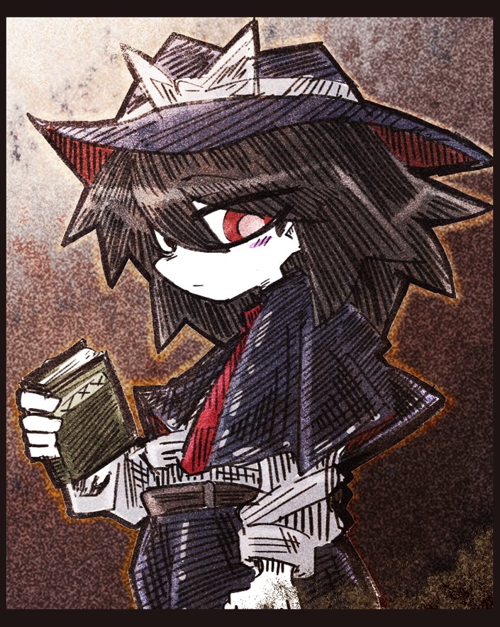 suenari (peace), usami renko, touhou, 1girl, belt, black capelet, black hat, black skirt, book, bow, brown belt, brown hair, capelet, hair between eyes, hat, hat bow, holding, holding book, long sleeves, looking at viewer, necktie, shirt, short hair, skirt, sleeve cuffs, solo, white shirt