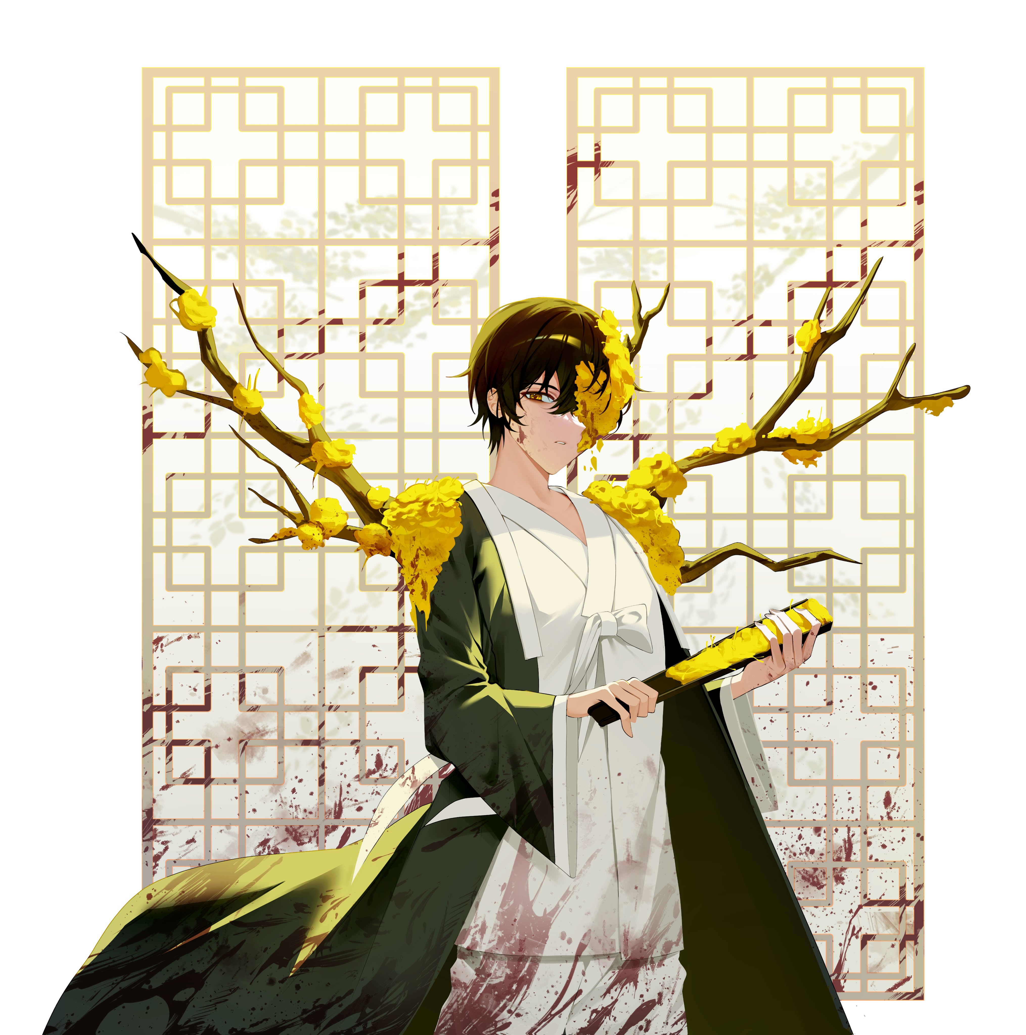 hi i dubu, yi sang (project moon), limbus company, project moon, absurdres, highres, 1boy, black coat, black hair, blood, blood on clothes, blood on face, coat, e.g.o (project moon), flower, flower over eye, folding fan, hair flower, hair ornament, hanbok, hand fan, hands up, holding, holding fan, korean clothes, lattice, long sleeves, looking at viewer, parted lips, plant wings, simple background, solo, spicebush (e.g.o), technology liberation alliance (identity) (project moon), white background, white hanbok, wide sleeves, wings, yellow flower