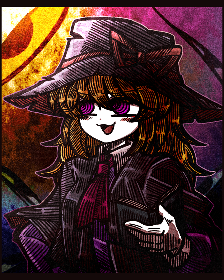 suenari (peace), maribel hearn, usami renko, touhou, 1girl, :d, @ @, alternate costume, ascot, black capelet, black hat, blonde hair, blush, blush stickers, book, capelet, collar, cosplay, dress, hair between eyes, hat, hat ribbon, holding, holding book, long dress, long sleeves, open mouth, pink ascot, purple dress, red ribbon, ribbon, sleeve cuffs, smile, smug, solo, usami renko (cosplay), white collar