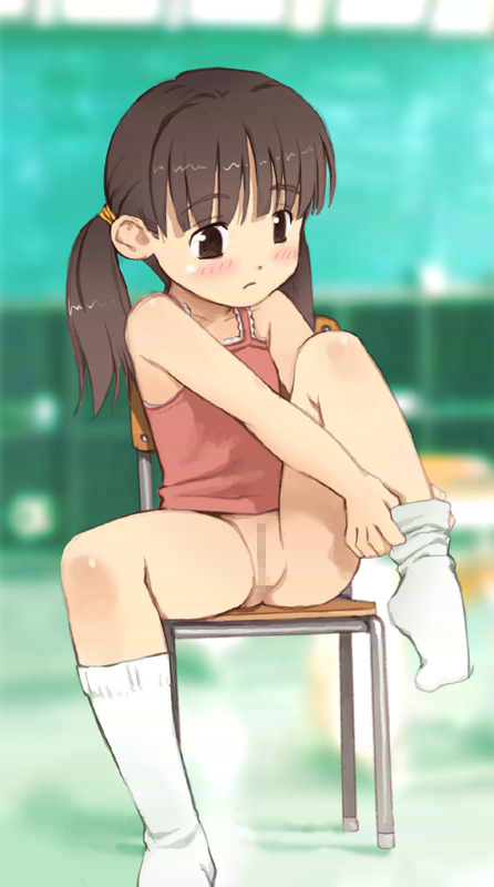 yoshida seiji, shouwa no koro no h na omoide, 1girl, blush, bottomless, brown hair, censored, chair, chalkboard, classroom, collarbone, dressing, female focus, flat chest, indoors, loli, long hair, looking down, mosaic censoring, pussy, red shirt, school, shirt, sitting, socks, solo, spread legs, tank top, twintails, undressing, white socks