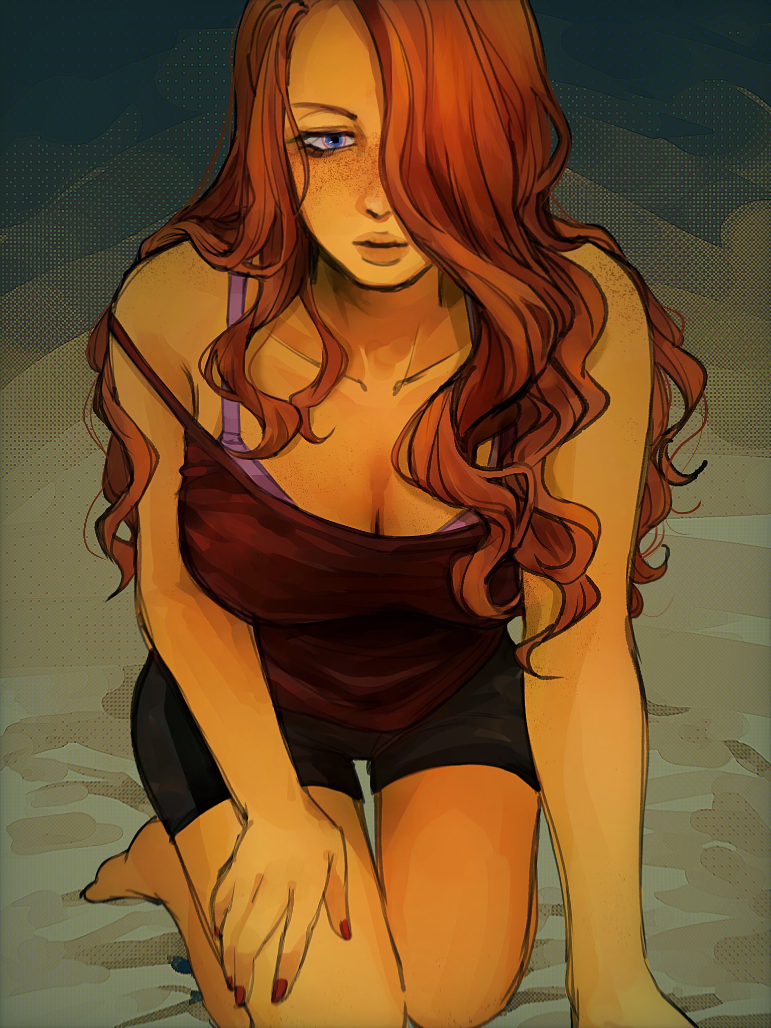 necochan100, no i'm not a human, hashtag-only commentary, highres, 1girl, barefoot, black shorts, blue eyes, bra strap, breasts, cleavage, freckles, hair over one eye, large breasts, long hair, looking at viewer, on bed, orange hair, parted lips, red nails, red shirt, seductive woman (no i'm not a human), shirt, shorts, sleeveless, sleeveless shirt