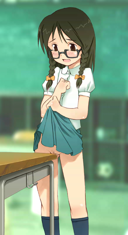yoshida seiji, shouwa no koro no h na omoide, suiei jugyou shitagi tounan jiken, 1girl, black socks, blush, braid, brown eyes, brown hair, censored, chalkboard, classroom, clothes lift, crotch rub, desk, flat chest, glasses, green skirt, loli, long hair, looking down, masturbation, no panties, open mouth, puffy sleeves, school, school uniform, shirt, short sleeves, skirt, skirt lift, socks, standing, table humping, twin braids, white shirt