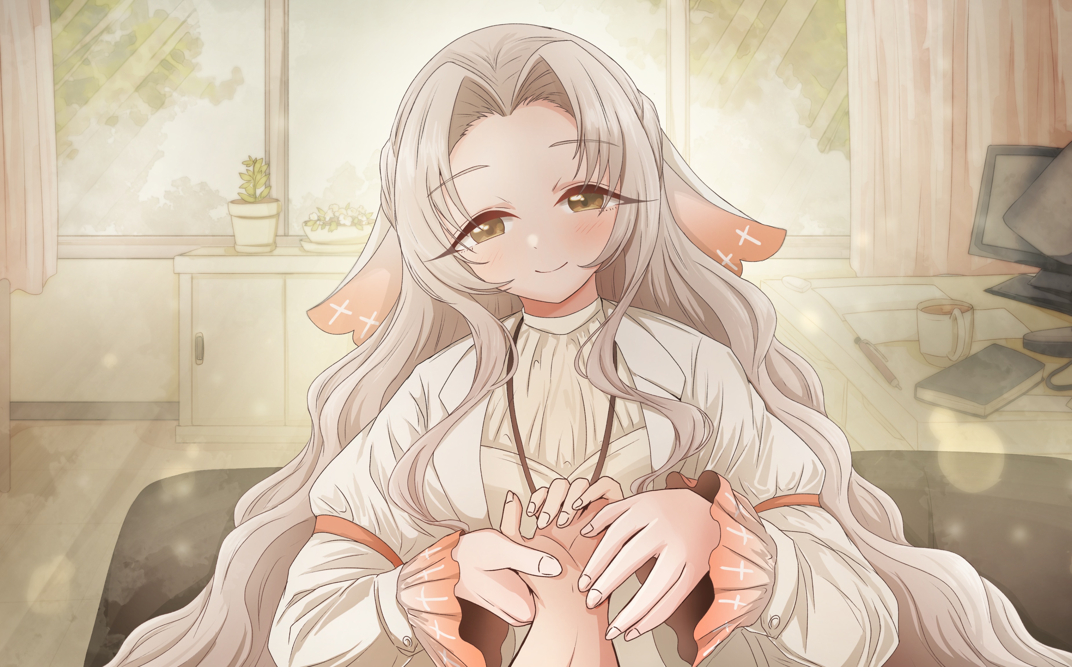 kusanochika, jiai chiyu, kimi no koto ga dai dai dai dai daisuki na 100-nin no kanojo, absurdres, commentary, highres, 1girl, curtained hair, curtains, day, frilled sleeves, frills, grey hair, half updo, head tilt, indoors, light blush, long hair, long sleeves, looking at viewer, monitor, plant, potted plant, pov, pov hands, smile, solo focus, sunlight, veil, wavy hair, wide sleeves, window