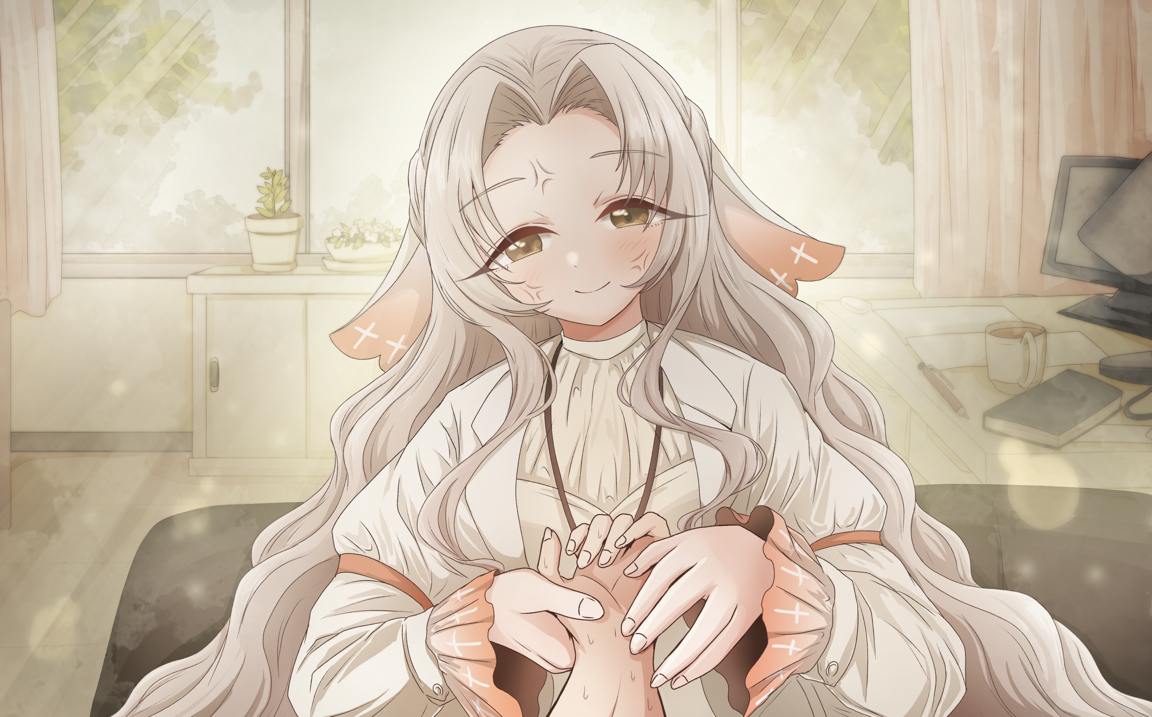 kusanochika, jiai chiyu, kimi no koto ga dai dai dai dai daisuki na 100-nin no kanojo, absurdres, commentary, highres, 1girl, anger vein, curtained hair, curtains, day, frilled sleeves, frills, grey hair, half updo, head tilt, indoors, light blush, long hair, long sleeves, looking at viewer, monitor, plant, potted plant, pov, pov hands, smile, solo focus, sunlight, veil, wavy hair, wide sleeves, window