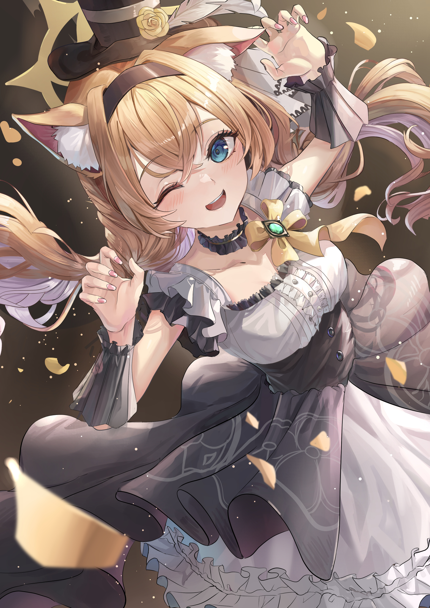 suidou chaahan, mari (blue archive), mari (idol) (blue archive), blue archive, commentary, highres, 1girl, ;d, animal ear fluff, animal ears, black dress, black hairband, black hat, black wrist cuffs, blue eyes, blush, breasts, cat ears, cat girl, center frills, choker, claw pose, collarbone, crossed bangs, dress, dutch angle, eyelashes, falling petals, feet out of frame, floating clothes, floating hair, flower, frilled choker, frilled dress, frills, hair between eyes, hair intakes, hairband, halo, hands up, happy, hat, hat feather, hat flower, long hair, looking at viewer, low twintails, medium breasts, nail polish, official alternate costume, official alternate hairstyle, one eye closed, open mouth, orange hair, petals, pink nails, rose, rose petals, sleeveless, sleeveless dress, smile, solo, standing, teeth, top hat, twintails, two-tone dress, upper teeth only, very long hair, white dress, wrist cuffs, yellow flower, yellow halo, yellow rose