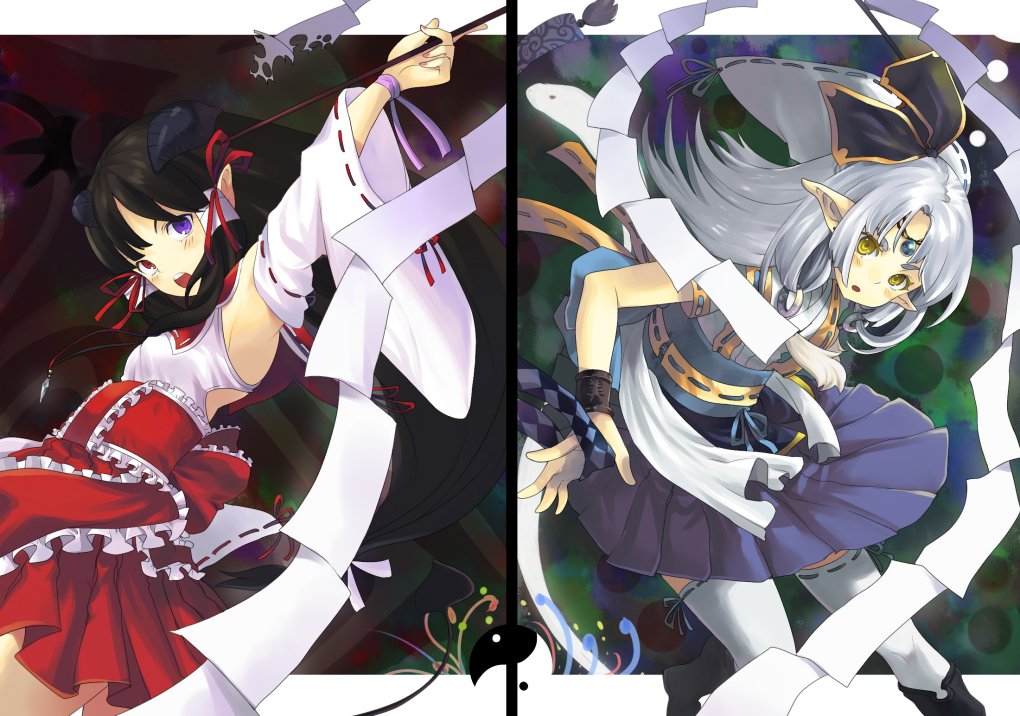 aki (mare desiderii), original, bad id, bad pixiv id, 2girls, adapted uniform, detached sleeves, gohei, hair ribbon, heterochromia, horns, japanese clothes, miko, multiple girls, pointy ears, ribbon, skirt, thighhighs, wrist ribbon, yellow eyes