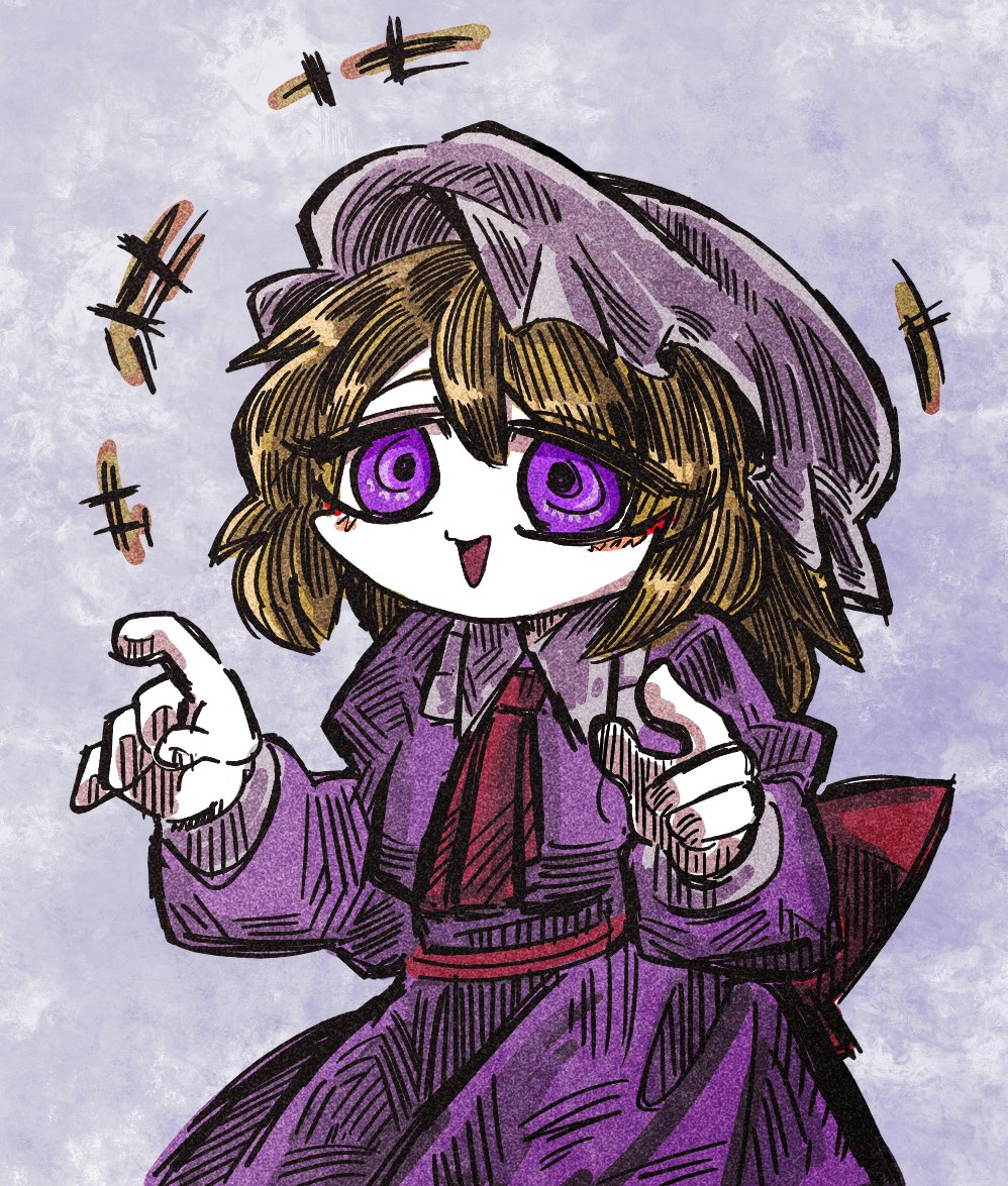 suenari (peace), maribel hearn, touhou, 1girl, ascot, blonde hair, blush, blush stickers, bow, collar, dress, hat, long dress, long sleeves, mob cap, open mouth, puffy long sleeves, puffy sleeves, purple dress, purple eyes, red ascot, red bow, red sash, sash, short hair, sleeve cuffs, solo, white collar, white hat