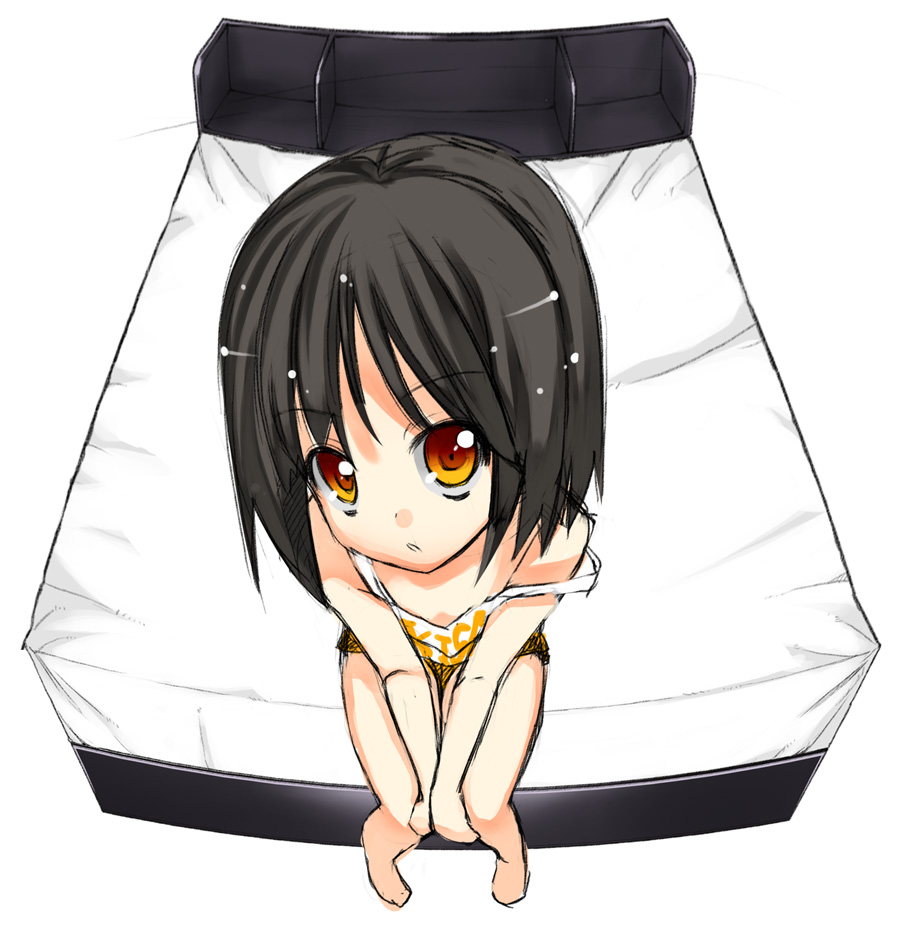 akino sora, original, bad id, bad pixiv id, 1girl, bare shoulders, barefoot, bed, between thighs, black hair, camisole, female focus, fisheye, foreshortening, from above, knees together feet apart, looking at viewer, off shoulder, orange eyes, perspective, pov, red eyes, short hair, shorts, simple background, sitting, sketch, solo, strap slip, thighs, v arms
