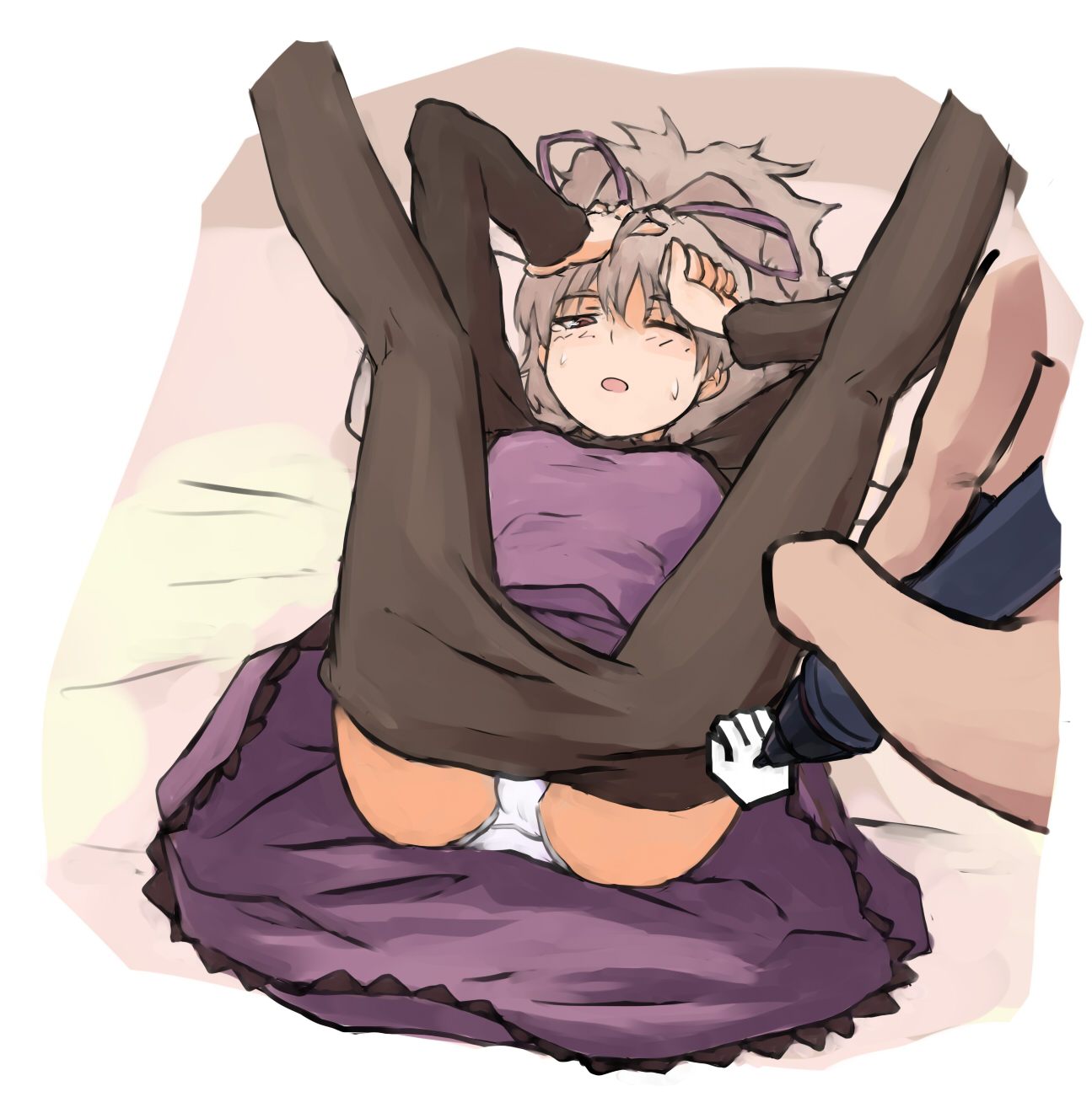 shibafu (glock23), yin (darker than black), darker than black, silver hair, bad id, bad pixiv id, highres, 00s, 1girl, black pantyhose, clothes pull, cursor, dress, female focus, folded, fourth wall, kneepits, legs up, long hair, lying, on back, one eye closed, open mouth, panties, pantyhose, pantyhose pull, purple dress, solo, stylus, sweatdrop, underwear, white panties, wink