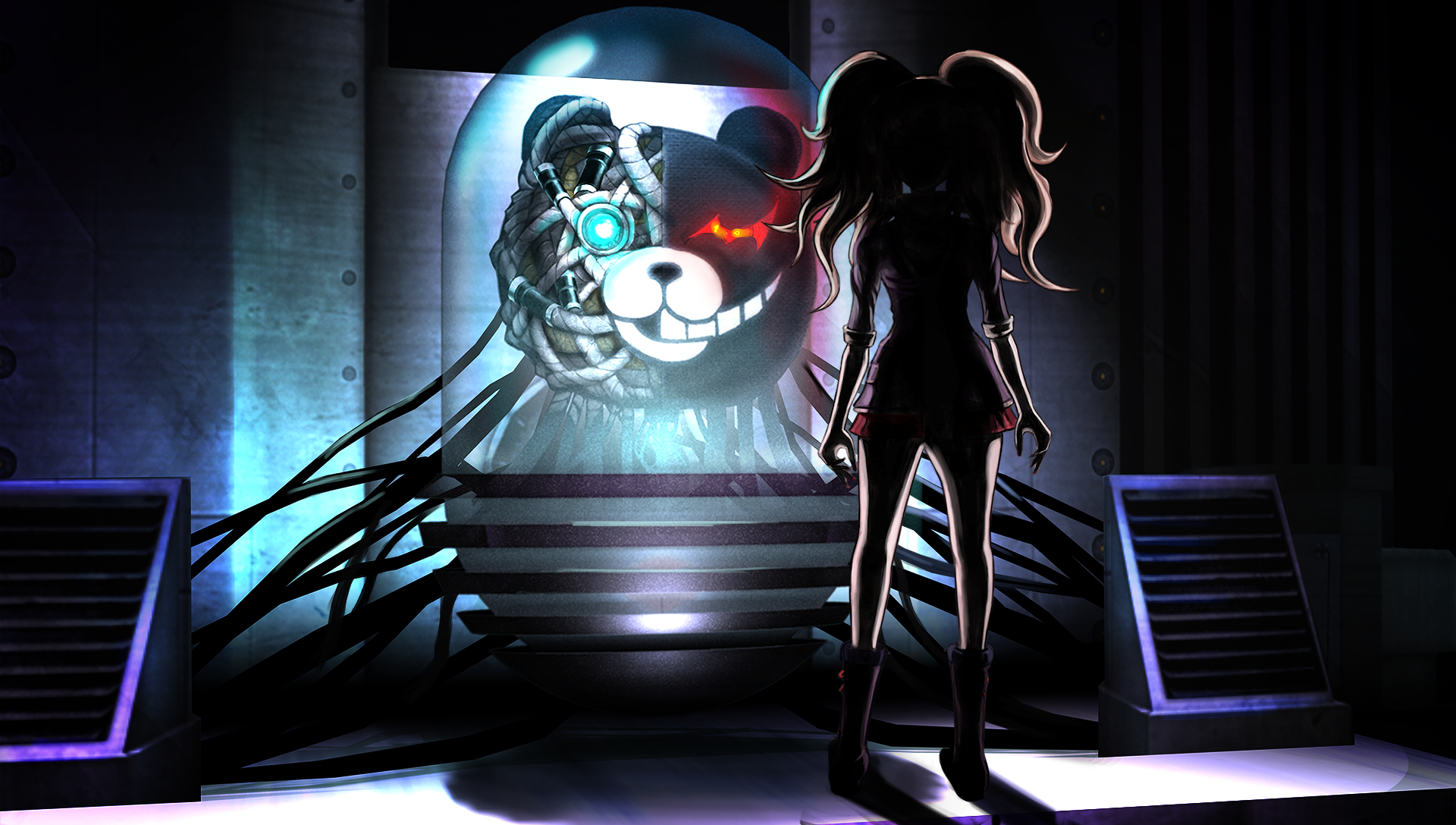 komatsuzaki rui, enoshima junko, monokuma, danganronpa (series), danganronpa v3: killing harmony, game cg, highres, official art, third-party source, 1girl, boots, cable, full body, glowing, grin, long hair, motherkuma, robot, shadow, shirt, skirt, smile, standing, teeth, twintails, vent (object)