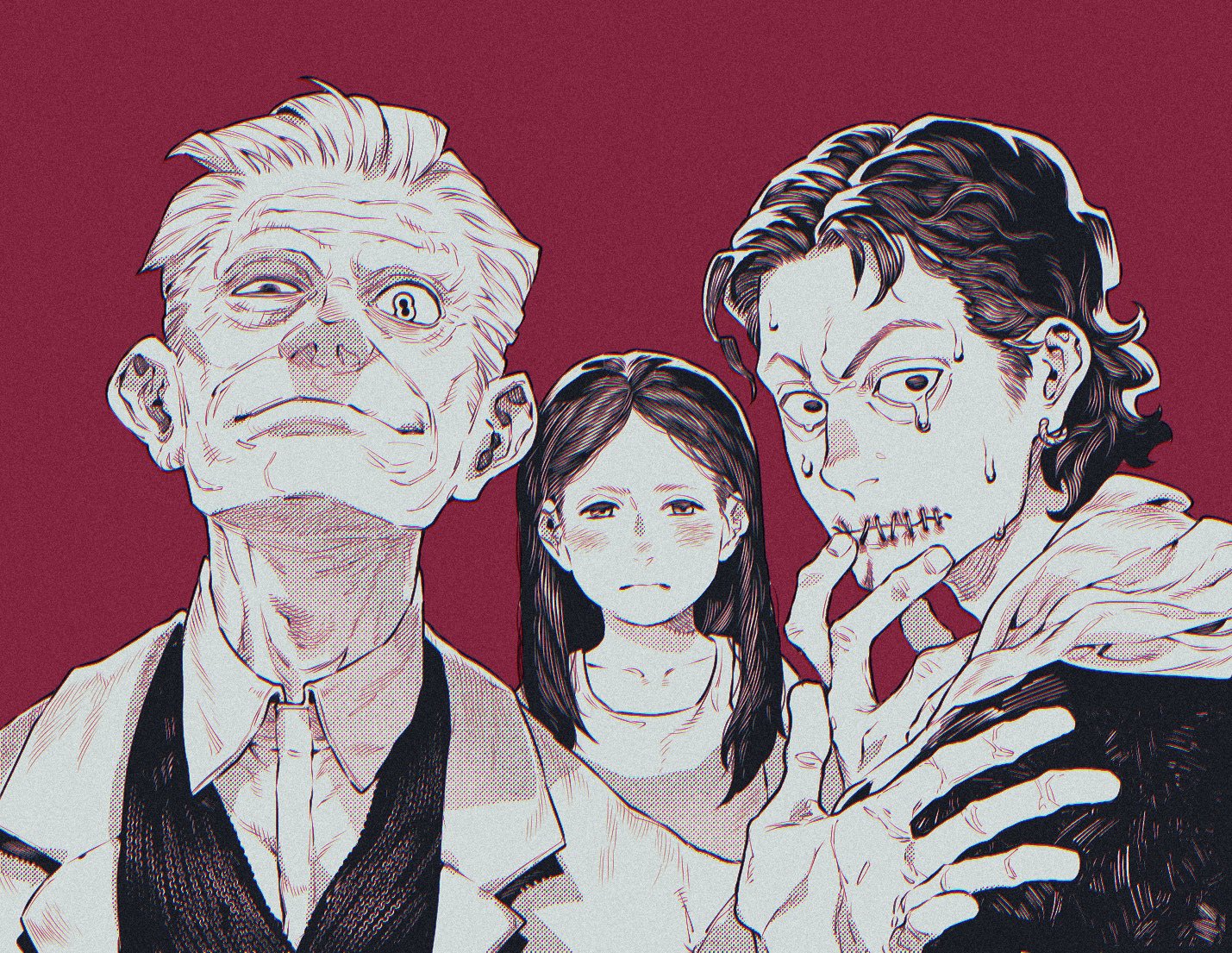 norasame (dagako), little girl (no i'm not a human), wireface (no i'm not a human), no i'm not a human, 1girl, 2boys, black hair, black shirt, black vest, clothes lift, collared shirt, crying, crying with eyes open, dress, earrings, extra pupils, greyscale with colored background, jewelry, lab coat, long hair, looking at viewer, multiple boys, old, old man, shirt, shirt behind neck, shirt lift, short hair, smile, stitched mouth, stitches, surgeon (no i'm not a human), tears, vest, white dress, white hair