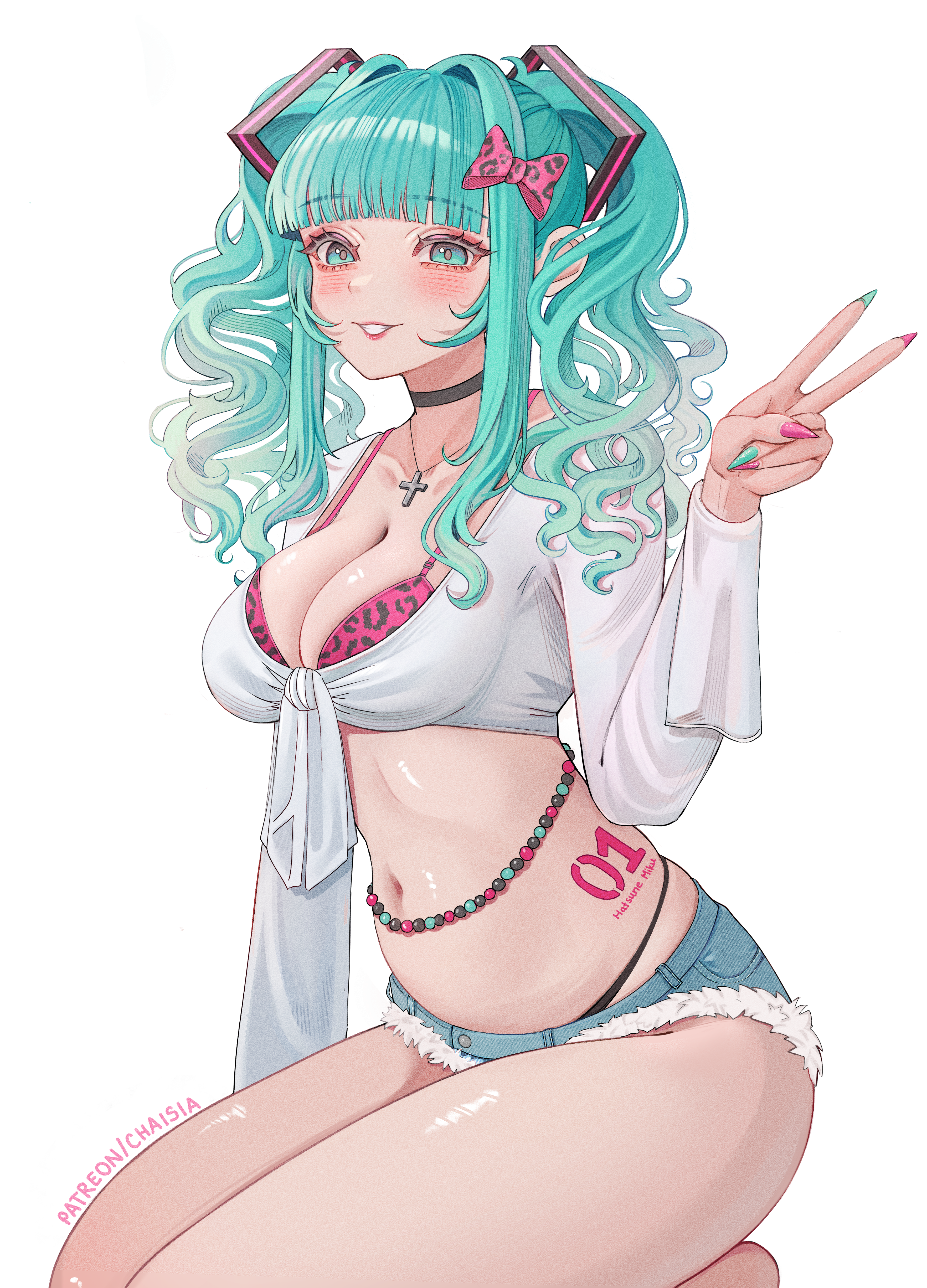 chaisia art, hatsune miku, vocaloid, absurdres, commentary, english commentary, highres, 1girl, aegyo sal, animal print, aqua eyes, aqua hair, aqua nails, aqua shorts, artist name, black choker, black panties, blush, bow, bra, breasts, choker, cleavage, collarbone, cross, cross necklace, curly hair, cutoffs, fingernails, grin, hair bow, hair intakes, hair ornament, highleg, highleg panties, jewelry, large breasts, leopard print, leopard print bra, long hair, long sleeves, looking at viewer, multicolored nails, nail polish, navel, necklace, number tattoo, panties, patreon username, pink bow, pink bra, pink lips, pink nails, print bra, seiza, sharp fingernails, shirt, shorts, simple background, sitting, smile, solo, stomach, tattoo, teeth, thighs, tied shirt, twintails, underwear, v, white background, white shirt