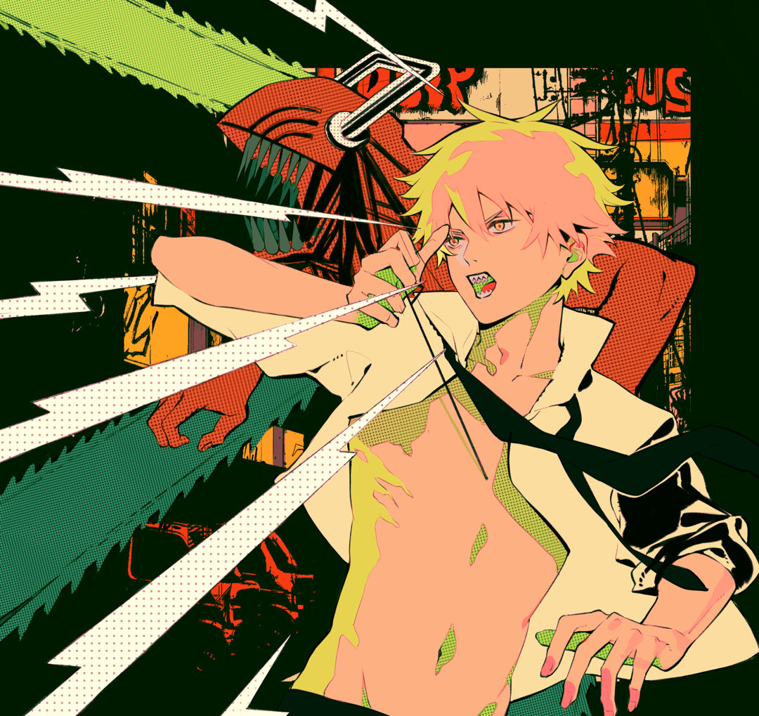 tuzaixia, denji (chainsaw man), chainsaw man, 1boy, alternate form, black necktie, blonde hair, chainsaw, cord pull, male focus, navel, necktie, open clothes, open mouth, open shirt, pull cord, sharp teeth, shirt, short hair, solo, teeth, white shirt