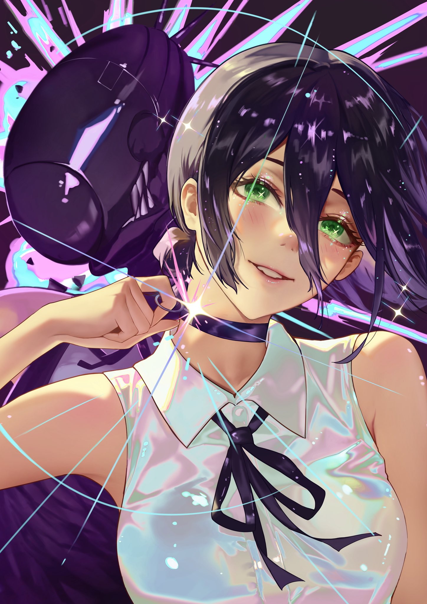 bomb devil (chainsaw man), reze (chainsaw man), chainsaw man, commentary request, highres, 1girl, black choker, black hair, black ribbon, breasts, choker, collared shirt, double-parted bangs, explosion, explosion background, eyegirl, green eyes, grenade pin, hair between eyes, hand up, iridescent clothes, long hair between eyes, looking at viewer, medium breasts, neck ribbon, nose, object head, parted lips, pulling, purple background, ribbon, shirt, short hair, sleeveless, sleeveless shirt, smile, solo focus, upper body, white shirt
