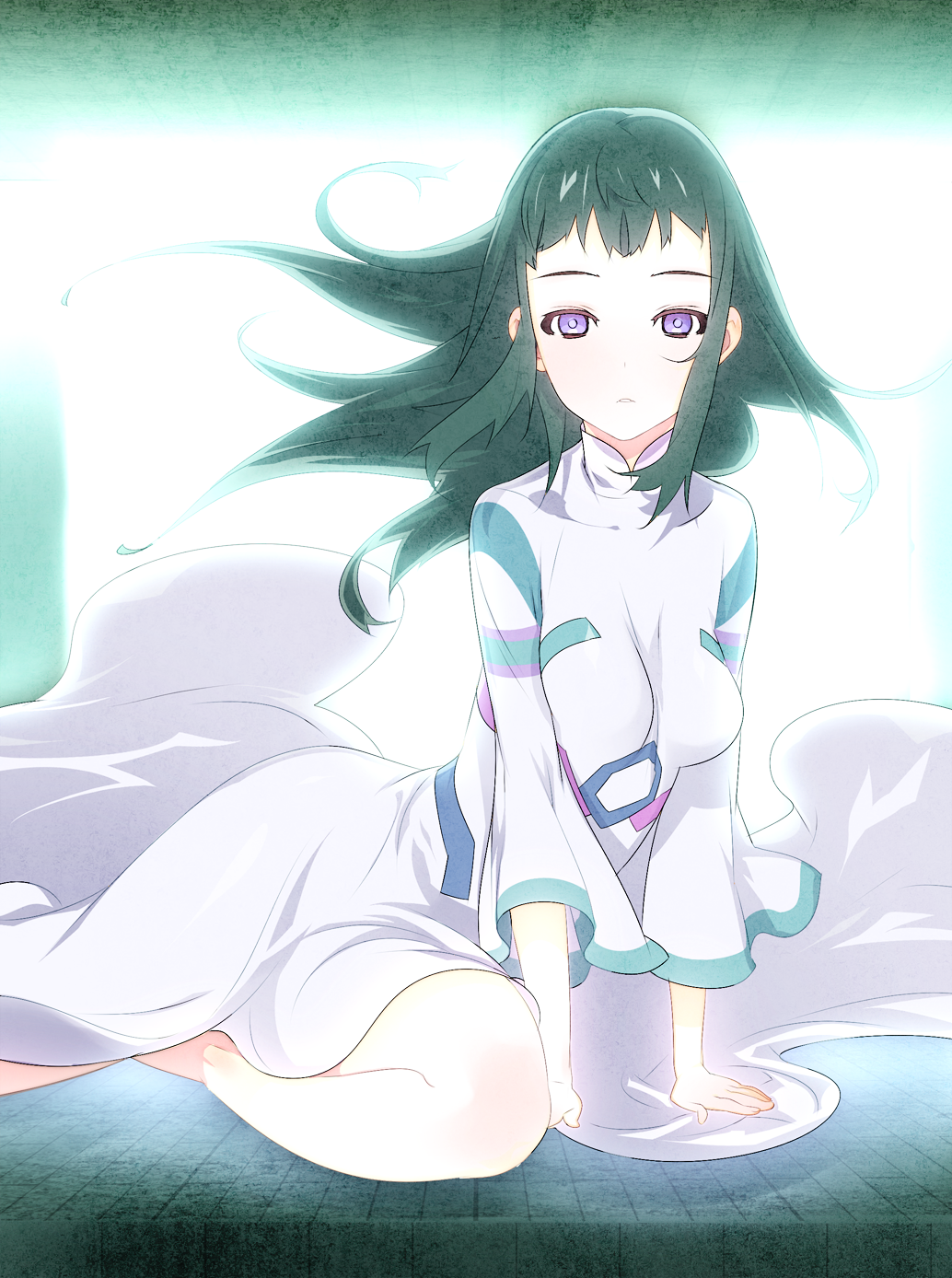 tensugi takashi, mono (shadow of the colossus), shadow of the colossus, bad id, bad pixiv id, highres, 1girl, breasts, dress, female focus, green hair, kneeling, large breasts, long hair, solo