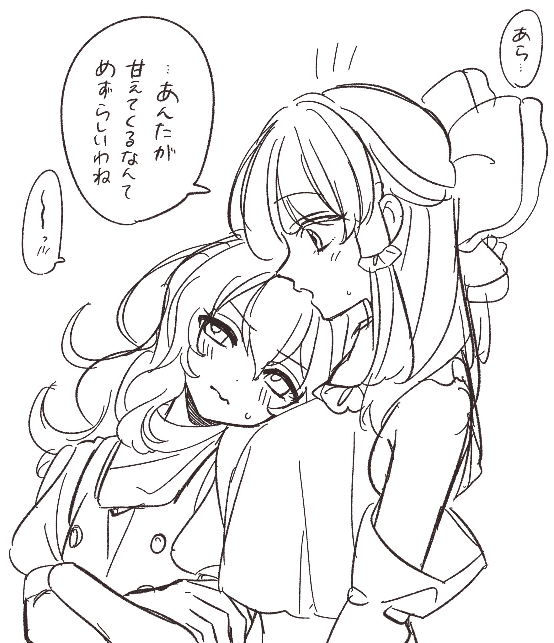 oya (pixiv 102980809), hakurei reimu, kirisame marisa, touhou, commentary, hashtag-only commentary, highres, translation request, 2girls, blush, bow, breasts, closed mouth, crossed arms, detached sleeves, frilled bow, frilled hair tubes, frills, greyscale, hair bow, hair tubes, leaning on person, long hair, monochrome, multiple girls, open mouth, ribbon-trimmed sleeves, ribbon trim, sketch, speech bubble, sweatdrop, vest, wavy mouth, yuri