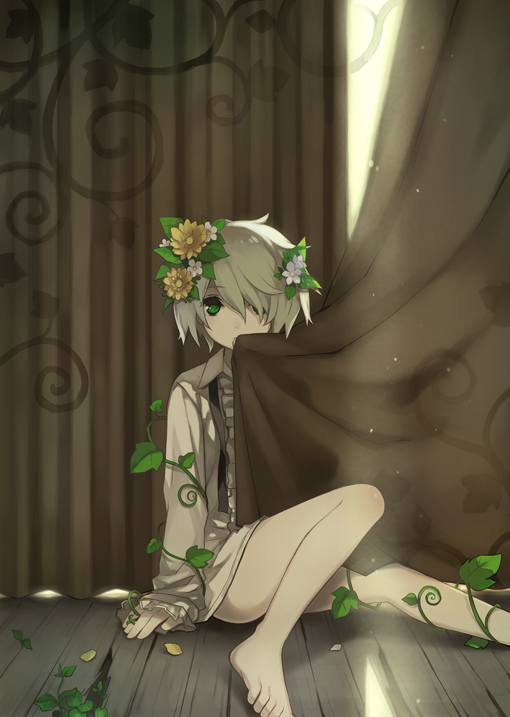 tsunako, original, bad id, bad pixiv id, 1girl, barefoot, brown hair, covering privates, feet, female focus, flower, green eyes, grey hair, hair over one eye, leaf, legs, nature, plant, short hair, solo, vines