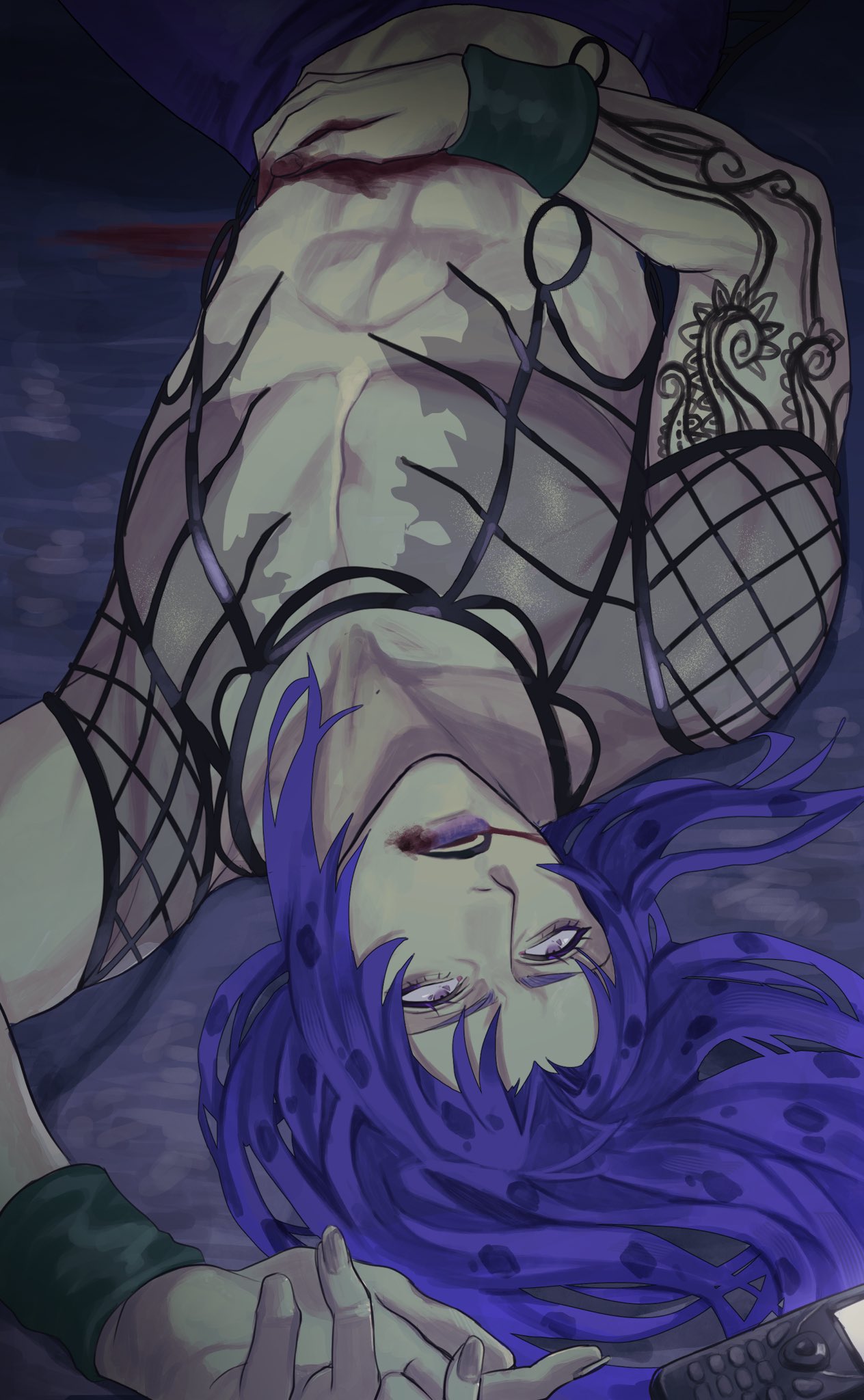 diavolo, jojo no kimyou na bouken, vento aureo, highres, 1boy, arm tattoo, blood, blood from mouth, dying, fingernails, fishnet top, fishnets, injury, long hair, lying, makeup, male focus, on back, phone, purple eyes, purple hair, purple lips, rr9pt76u5phwgqx, shirt, solo, spotted hair, tattoo, topless male, torn clothes, torn shirt, upside-down, wristband