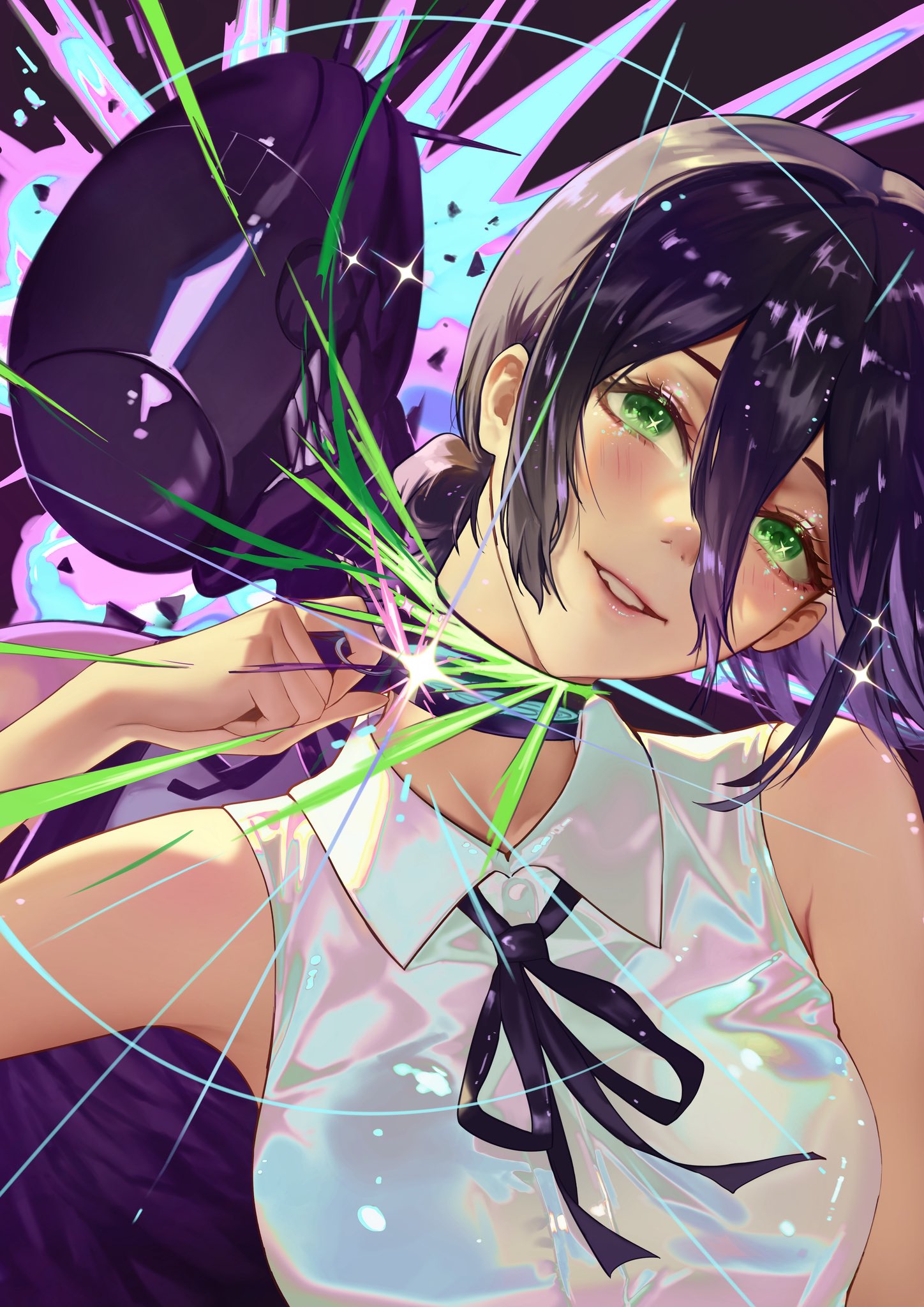 bomb devil (chainsaw man), reze (chainsaw man), chainsaw man, commentary, highres, symbol-only commentary, 1girl, black choker, black hair, black ribbon, breasts, choker, collared shirt, decapitation, double-parted bangs, energy, explosion, explosion background, eyegirl, green eyes, grenade pin, hair between eyes, hand up, iridescent clothes, long hair between eyes, looking at viewer, medium breasts, neck ribbon, nose, object head, parted lips, pulling, purple background, ribbon, shirt, short hair, sleeveless, sleeveless shirt, smile, solo focus, upper body, white shirt