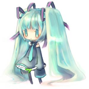 komeko meko (mecolate), hatsune miku, vocaloid, bad id, bad pixiv id, lowres, blue hair, chibi, long hair, solo, spring onion, twintails, very long hair