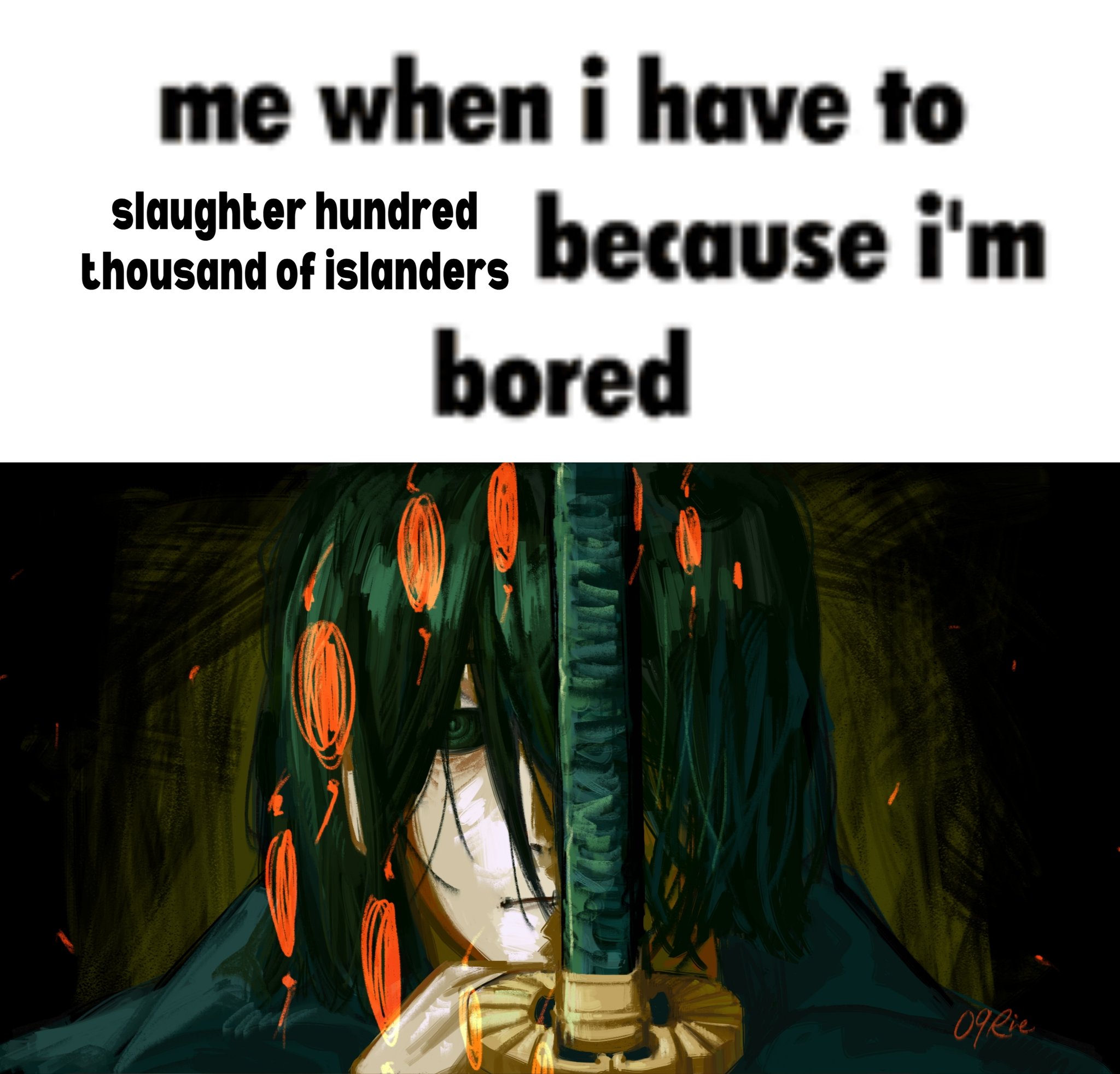 kagurabachi, highres, 1boy, black eyes, closed mouth, english text, implied murder, katana, male focus, me when i have to shoot my dog because i'm bored (meme), meme, no sclera, portrait, ringed eyes, sateoadang090, signature, solo, sword, weapon