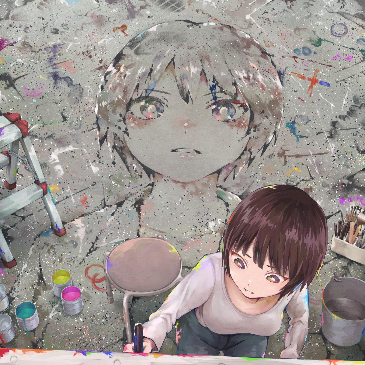yajirushi (chanoma), oekaki musume, original, highres, 1girl, breasts, brown hair, bucket, canvas (object), from above, furrowed brow, ladder, long sleeves, looking at object, medium breasts, paint, paint can, paint on body, paint on clothes, paint splatter, paintbrush, painting (action), pants, parted lips, shirt, short hair, solo, stool
