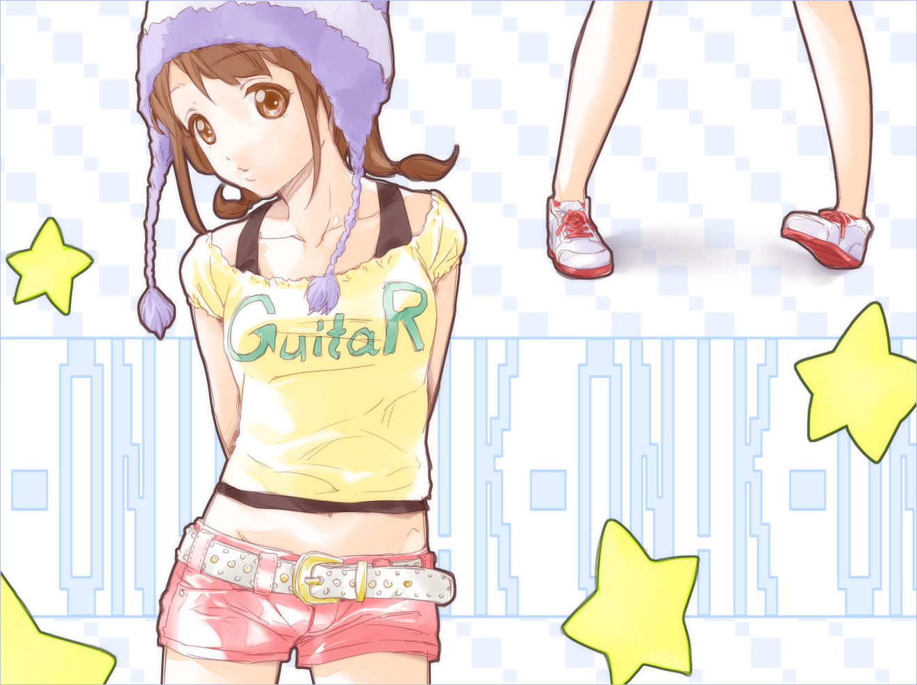 ama mitsuki, hirasawa yui, k-on!, bad id, bad pixiv id, 00s, 1girl, beanie, belt, brown eyes, brown hair, fashion, female focus, hat, midriff, short shorts, shorts, solo, star (symbol), y2k fashion