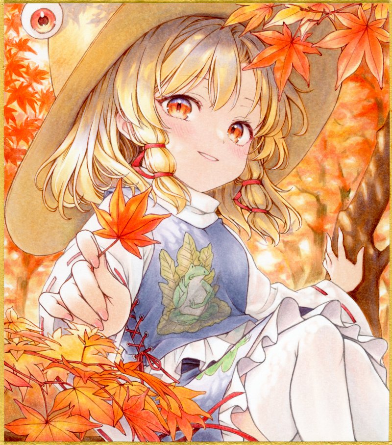 moriya suwako, touhou, commentary request, 1girl, animal print, autumn, autumn leaves, blonde hair, blush, brown hat, frilled skirt, frills, frog print, hair ribbon, hat, holding, holding leaf, in tree, leaf, long sleeves, looking at viewer, maple leaf, orange eyes, outdoors, pink nails, print skirt, print vest, purple skirt, purple vest, red ribbon, ribbon, s.mamiya, sitting, sitting in tree, skirt, skirt set, solo, thighhighs, tree, tress ribbon, vest, white thighhighs, wide sleeves