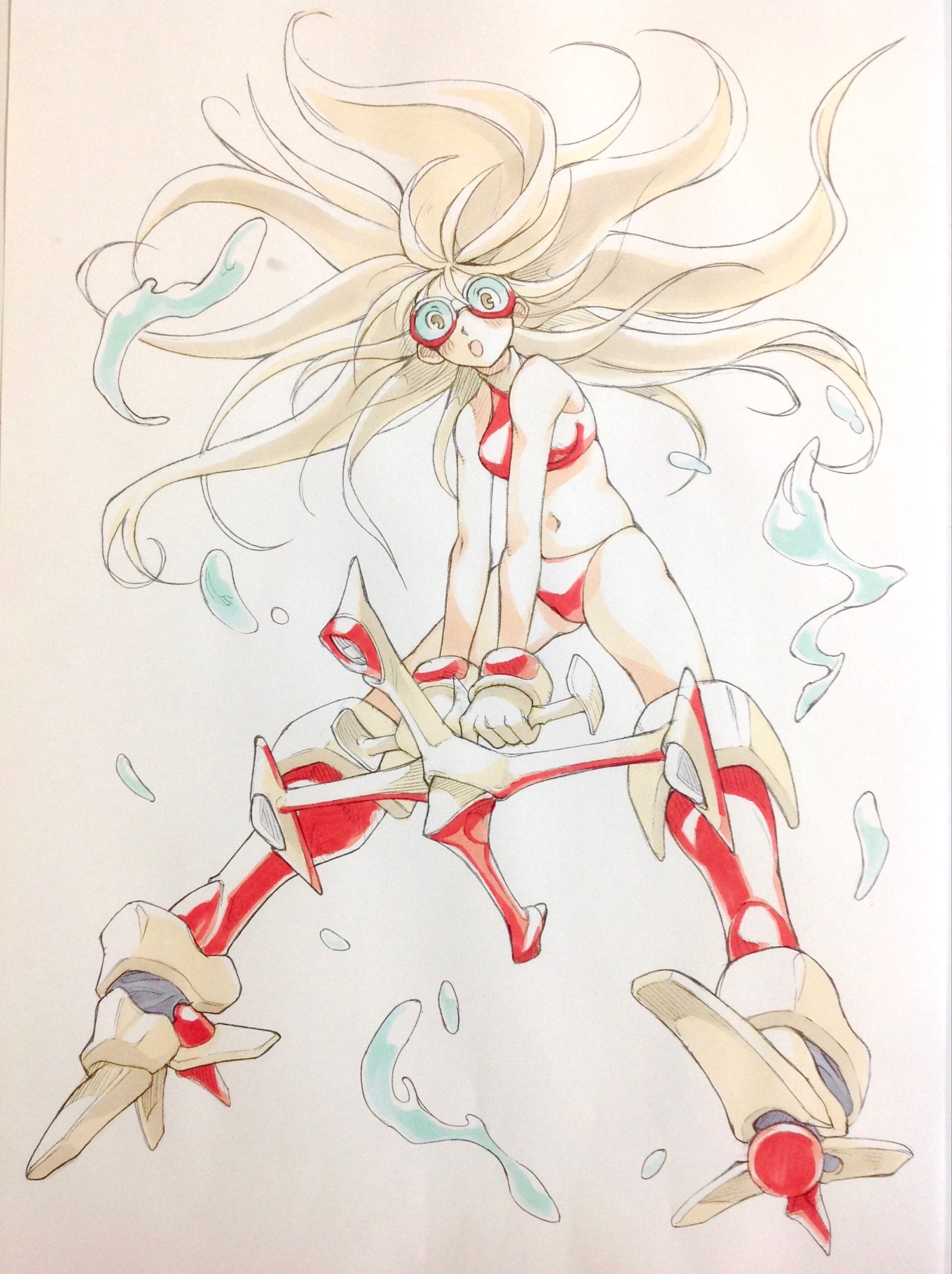 peter salt, original, highres, traditional media, 1girl, bikini, blonde hair, blush, boots, breasts, flying, full body, goggles, long hair, medium breasts, messy hair, navel, open mouth, red bikini, solo, swimsuit, water