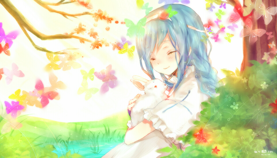heca, bad id, bad pixiv id, blue hair, blush, bug, butterfly, happy, insect, long hair, nature, rabbit, smile, solo